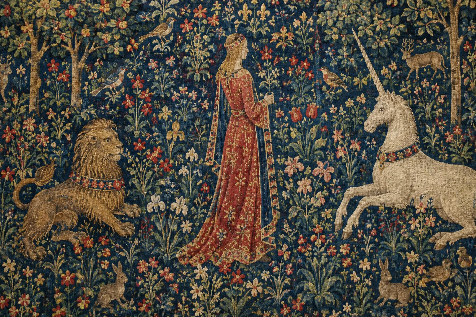 Détail d’une tapisserie médiévale où une dame se tient parmi des fleurs, accompagnée d’un lion et d’une licorne.