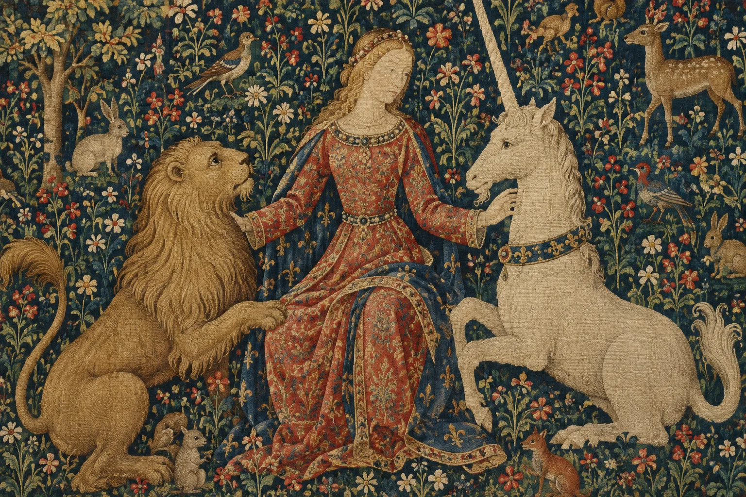 Une figure féminine encadrée par un lion et une licorne se détache sur un fond de fleurs et de petits animaux.