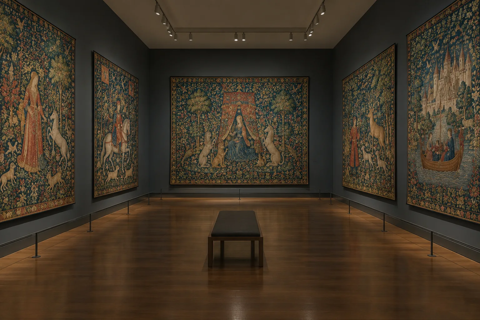 Plusieurs tapisseries médiévales accrochées autour d’une salle, avec des motifs floraux et des personnages au centre.