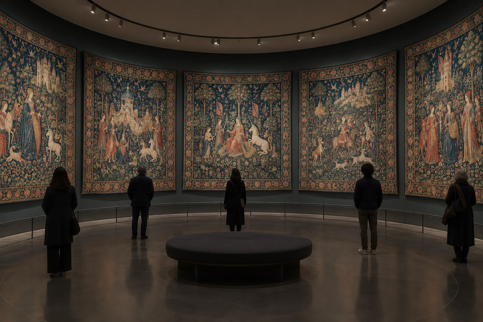 Vue d’une galerie circulaire où plusieurs tapisseries médiévales sont disposées autour de la salle.
