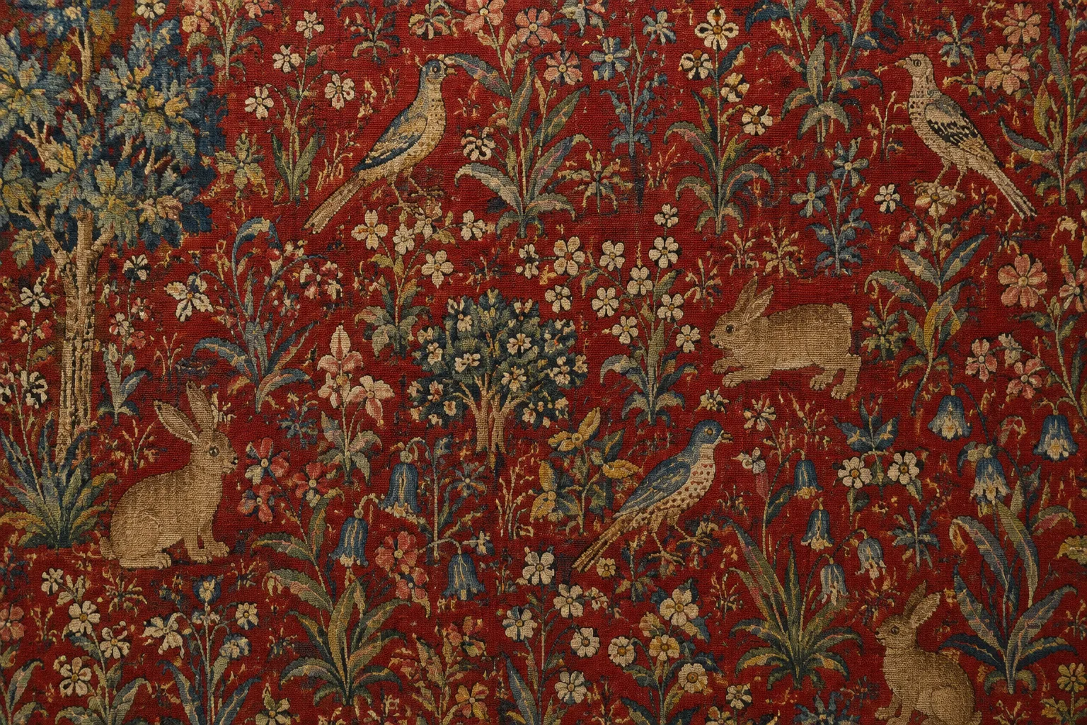 Détail d’un fond rouge de tapisserie médiévale, animé de fleurs, de plantes et de petits animaux.