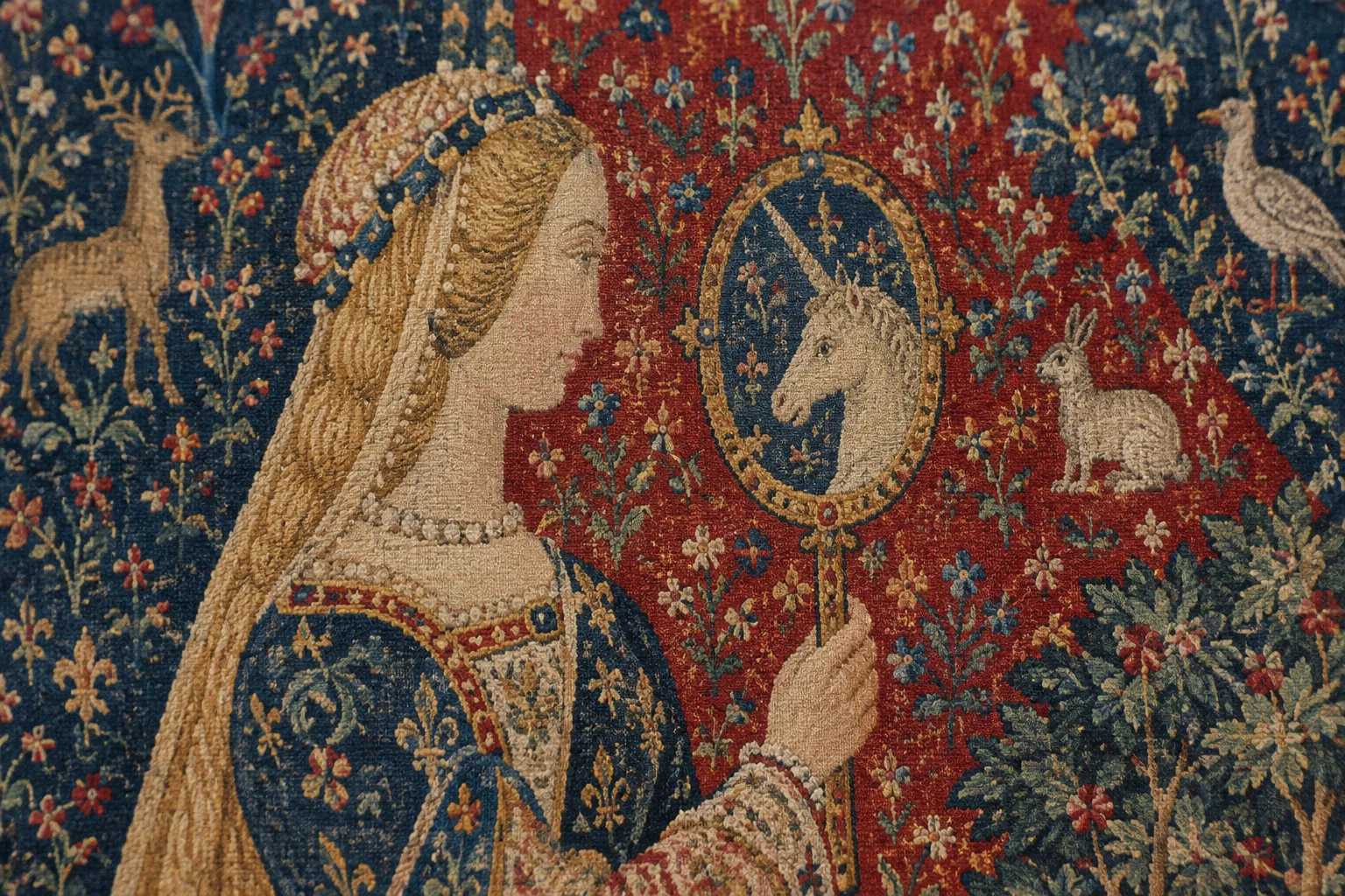 Détail d’une tapisserie où une dame tient un miroir devant une licorne.