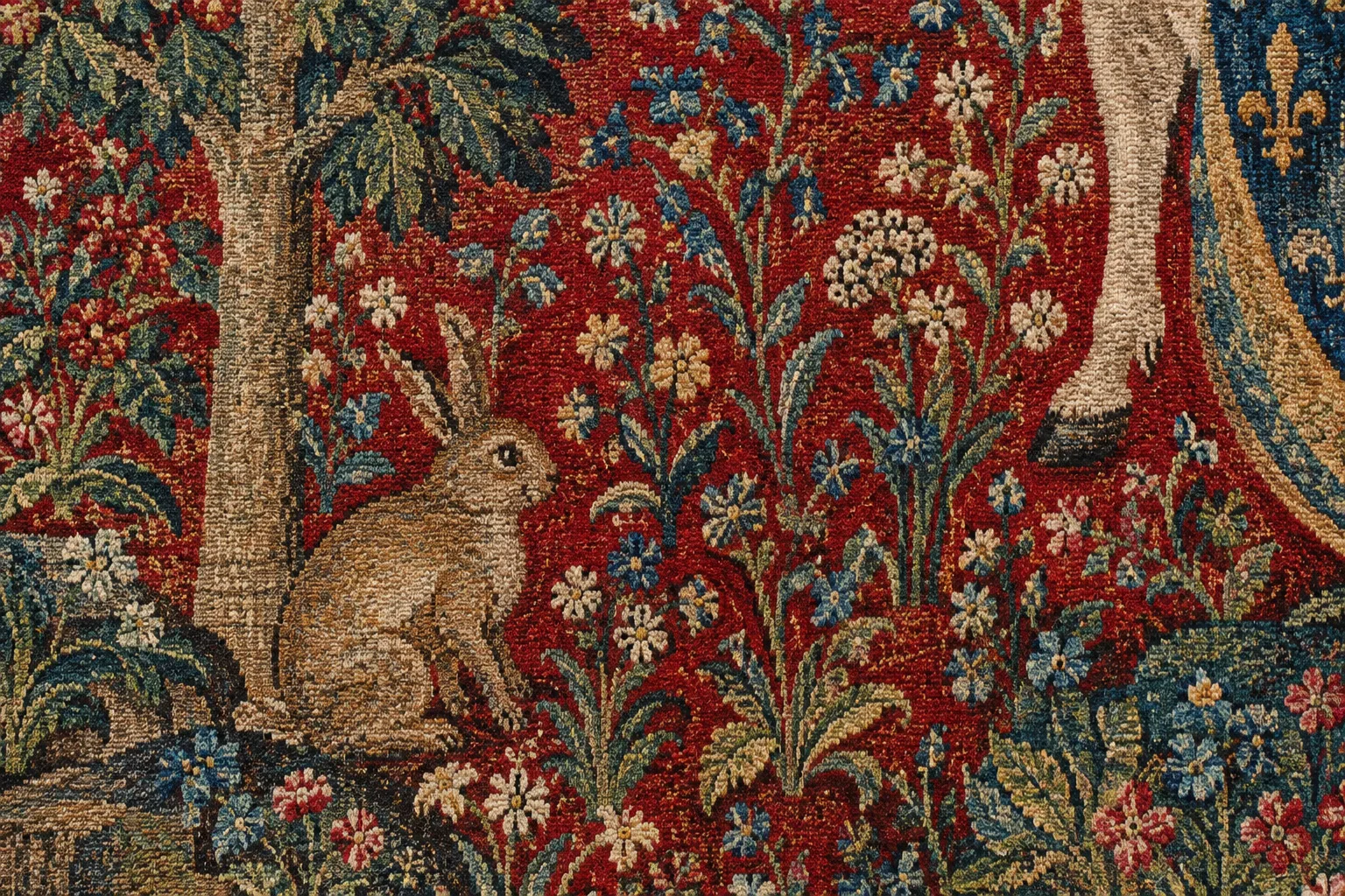 Détail d’une tapisserie médiévale : petites fleurs, animal et fils colorés sur un fond rouge.