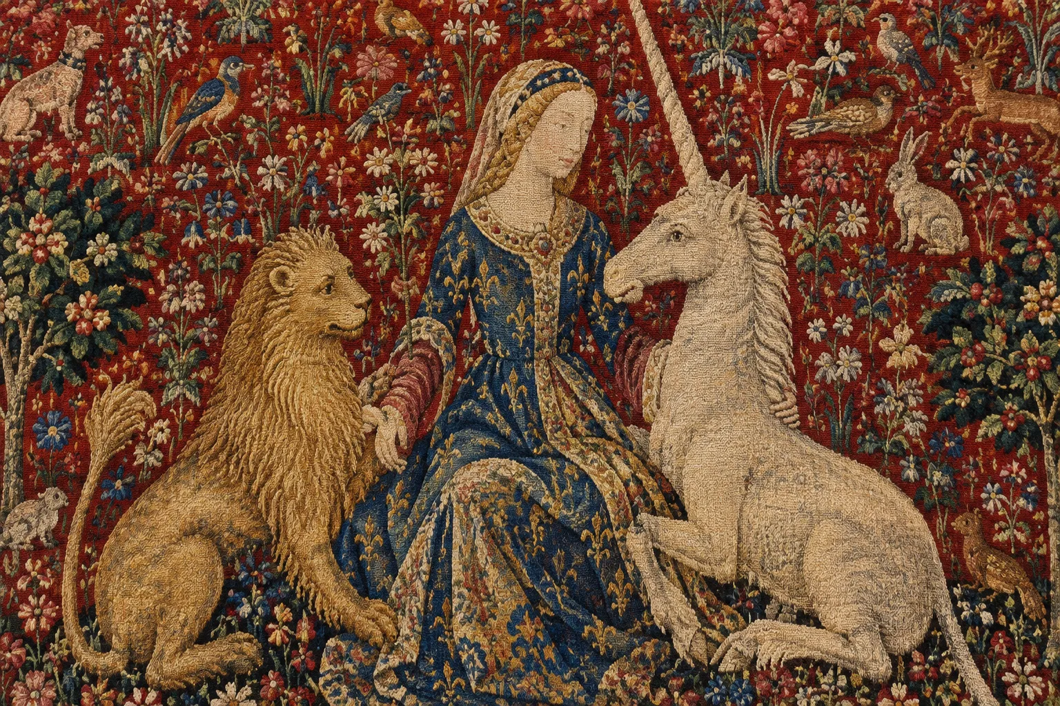 Gros plan sur les fils et les motifs floraux entourant la dame, la licorne et le lion.
