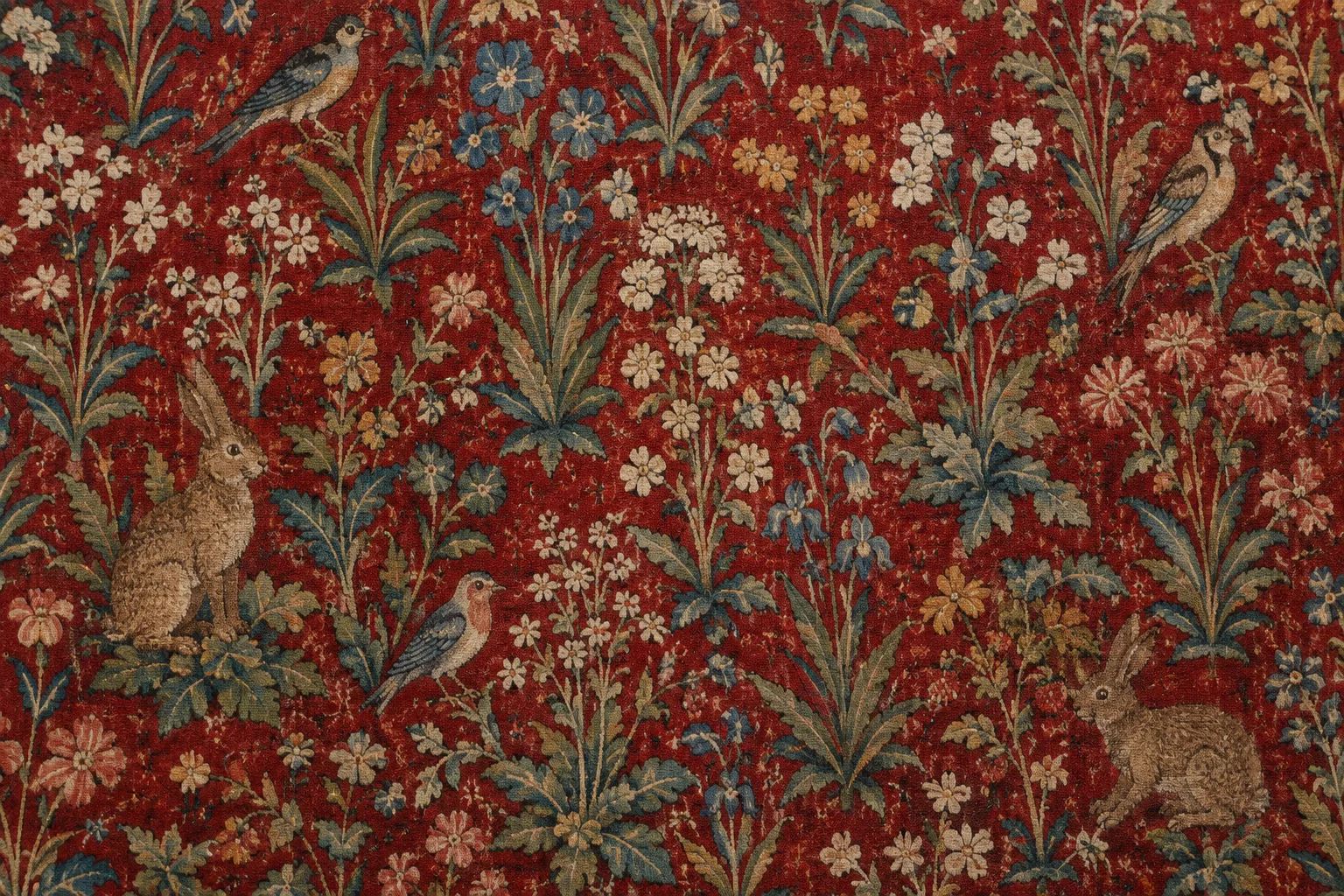 Détail d’une tapisserie médiévale où de petits animaux apparaissent parmi les fleurs.
