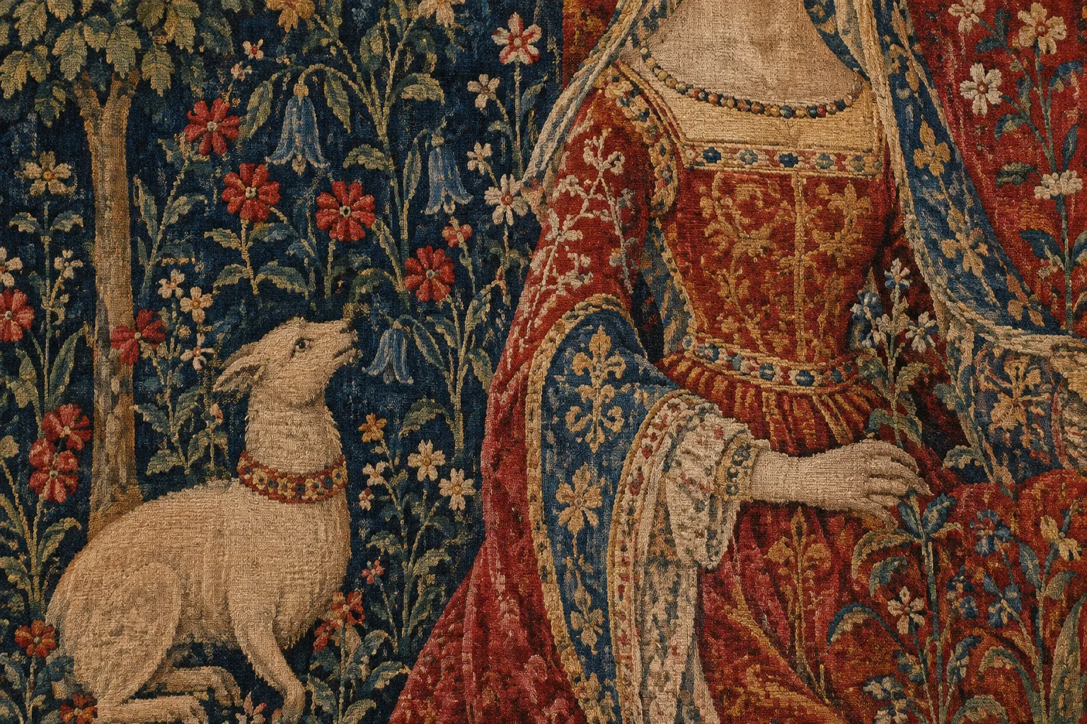Détail textile d’une tapisserie ancienne, avec des fleurs serrées autour d’une figure féminine et d’un animal.