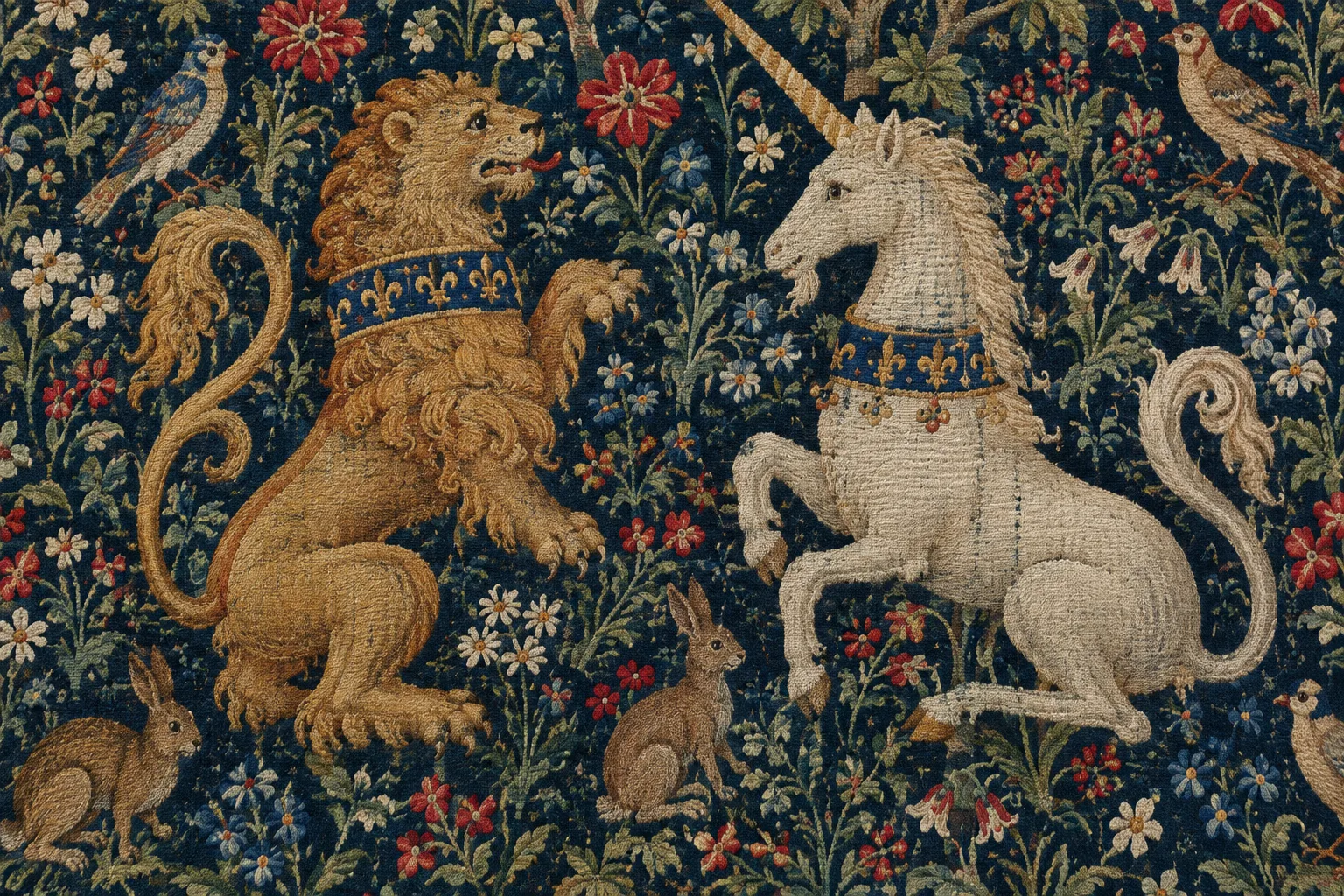 Détail tissé d’un lion, d’une licorne et de petits animaux parmi des fleurs.