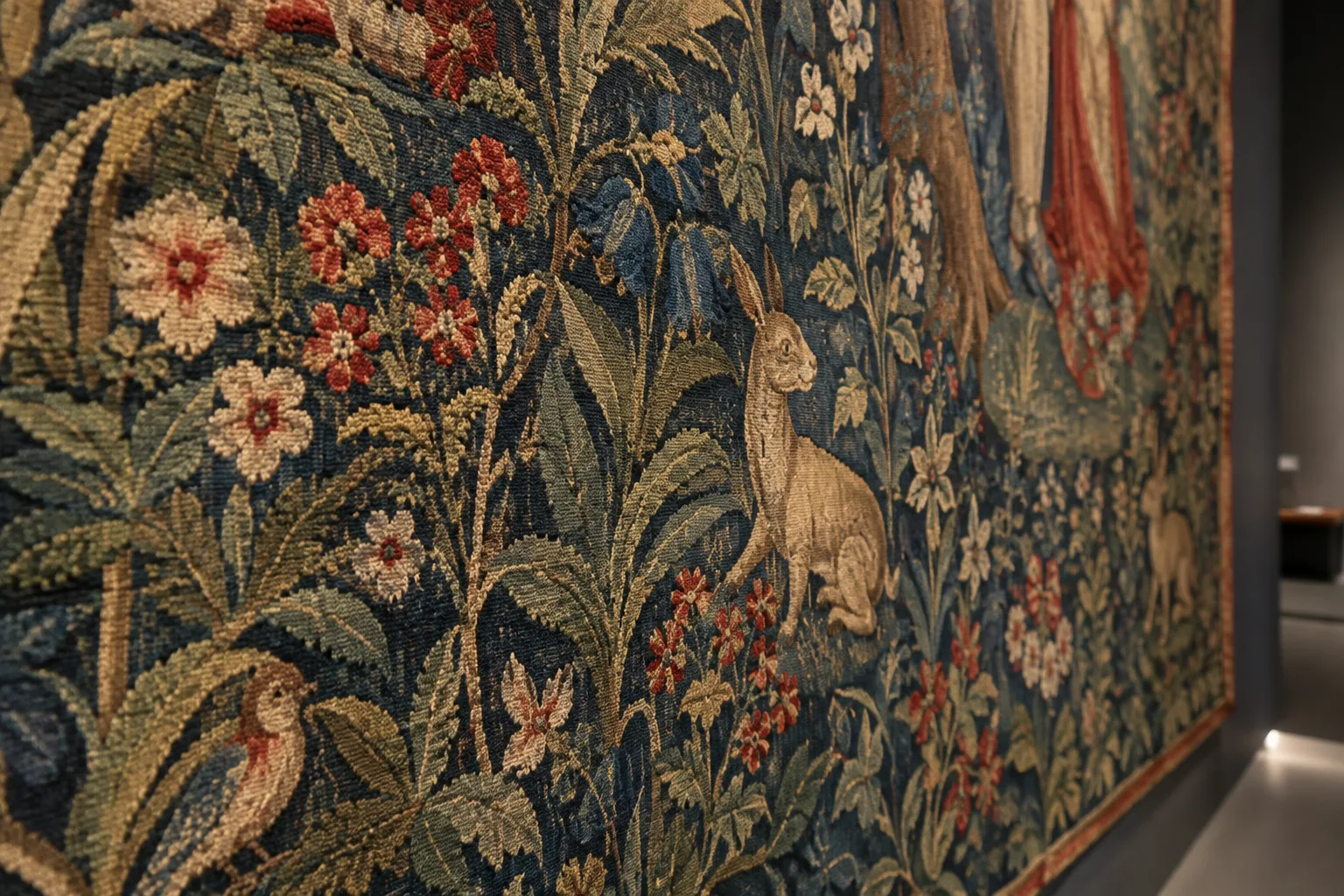 Détail d’une tapisserie où de petites fleurs et un animal apparaissent dans le tissage.