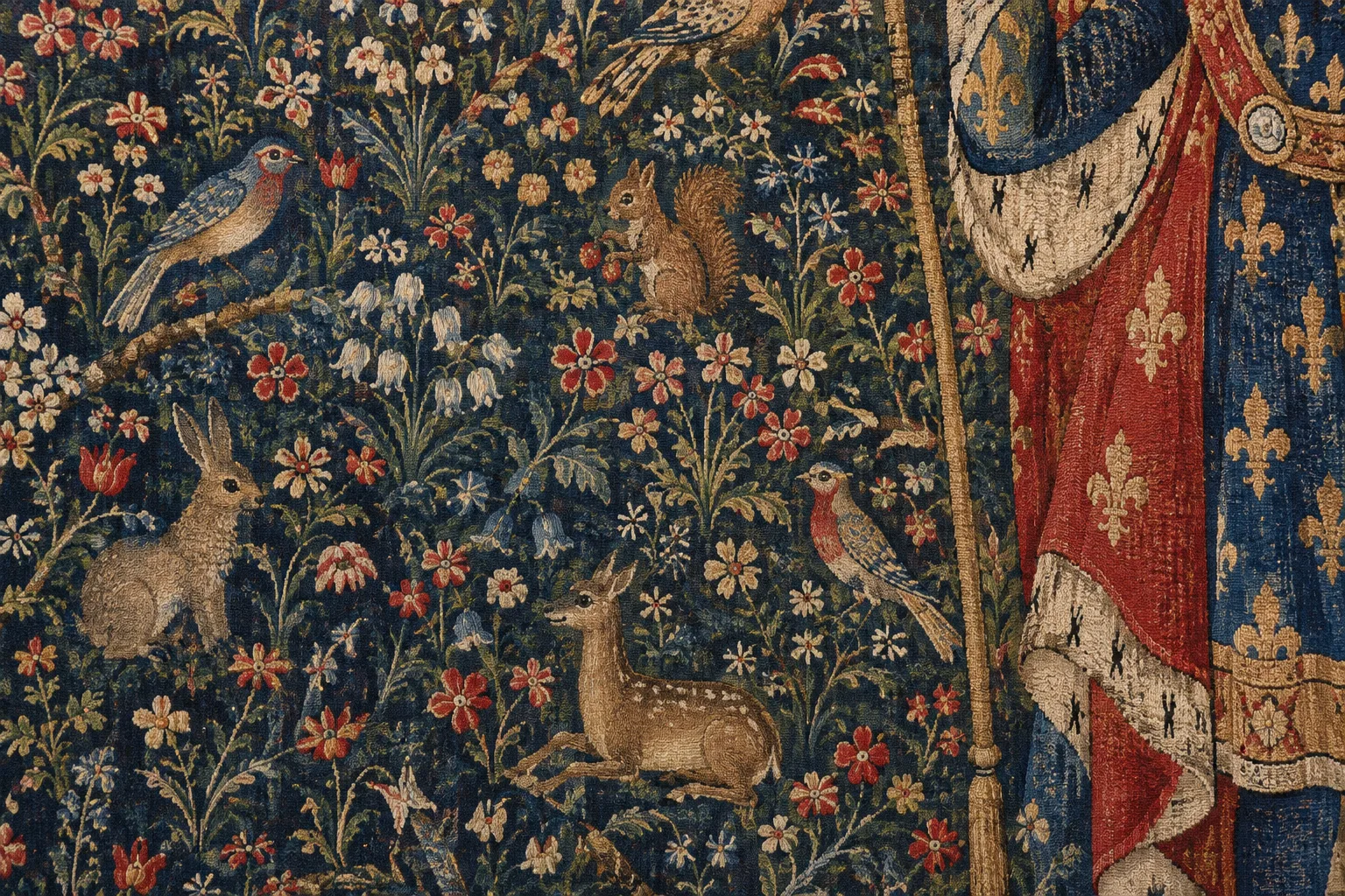 Gros plan d’un fond millefleurs tissé, ponctué de petites fleurs et d’animaux.