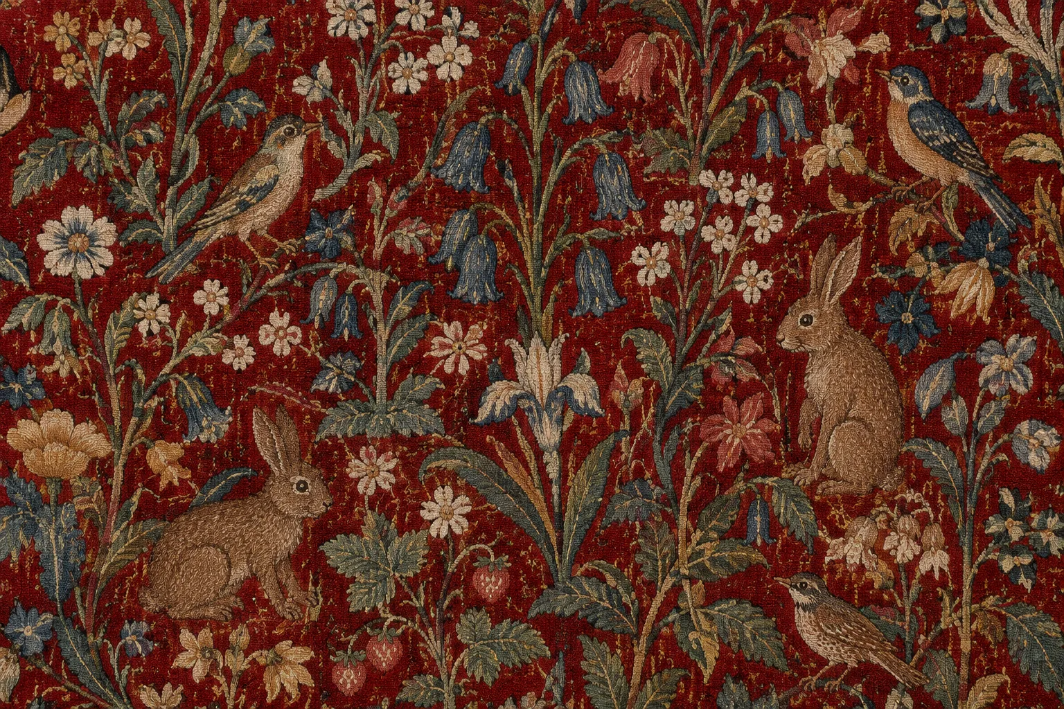 Des lapins et des oiseaux apparaissent parmi les fleurs d’une tapisserie médiévale.