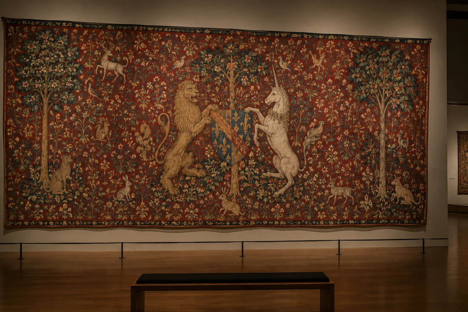 Détail d’une tapisserie médiévale aux motifs floraux rouges et aux figures animales.