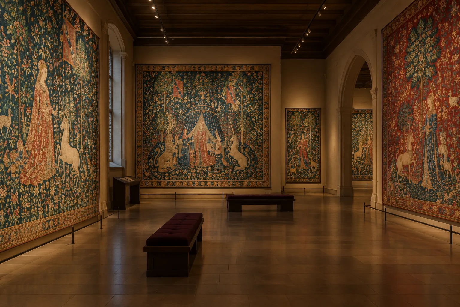 Détail d’une tapisserie médiévale où de petites fleurs et des animaux entourent une scène figurée.