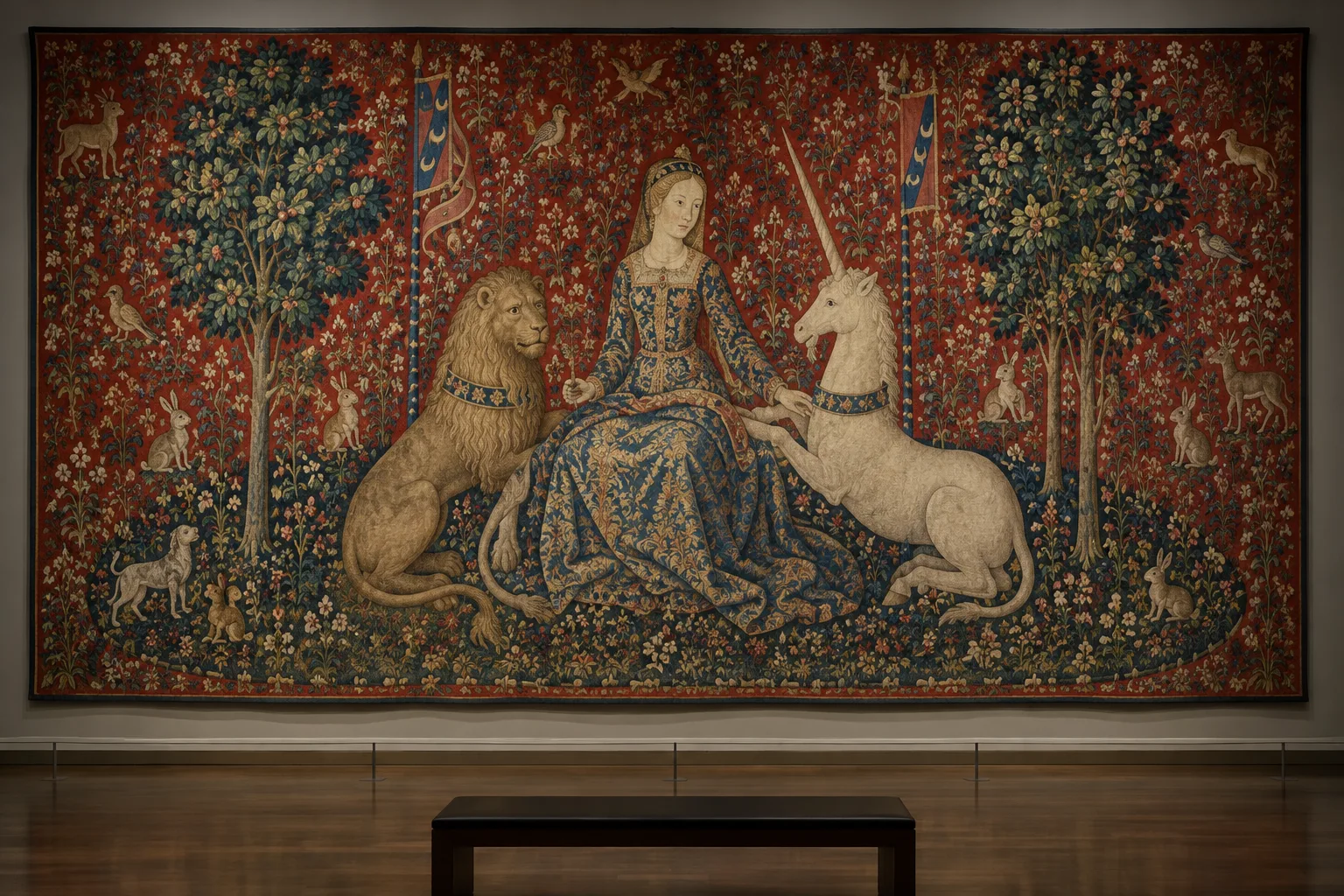 Détail d’une tapisserie médiévale montrant une dame entre un lion et une licorne sur un fond rouge fleuri.
