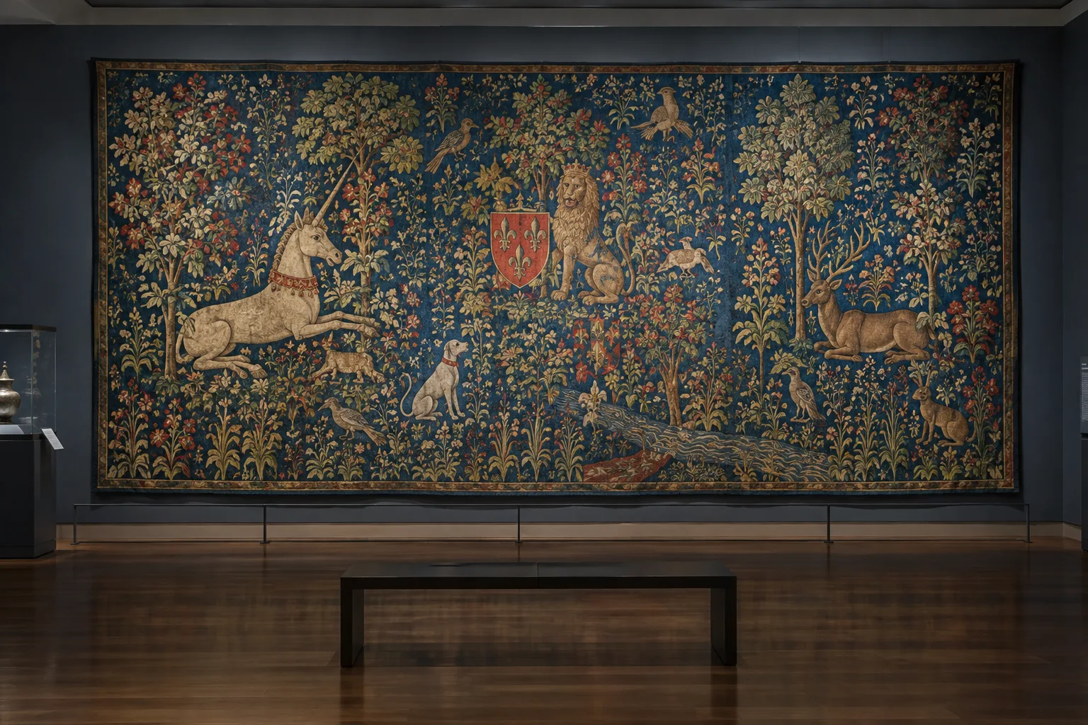Détail d’une tapisserie médiévale où des animaux se mêlent à un décor de fleurs et de plantes.