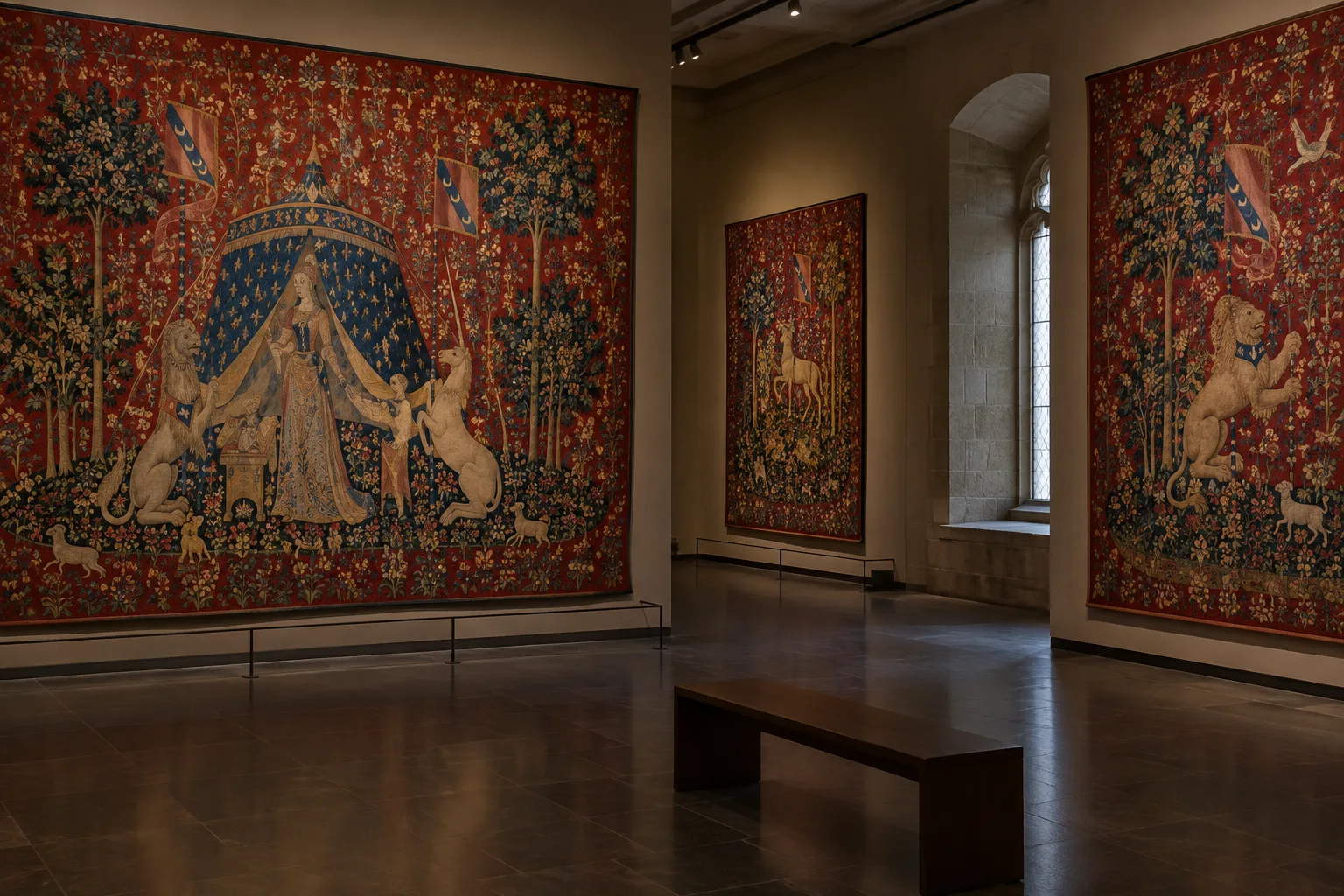 Les tapisseries médiévales de La Dame à la licorne présentées dans une salle ovale du musée.