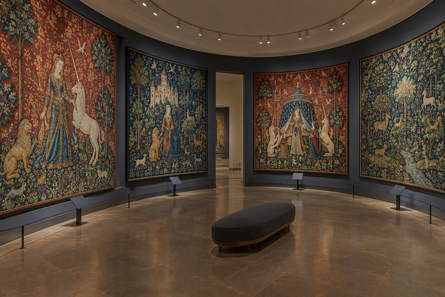 Des tapisseries médiévales aux fonds fleuris exposées dans une salle de musée.