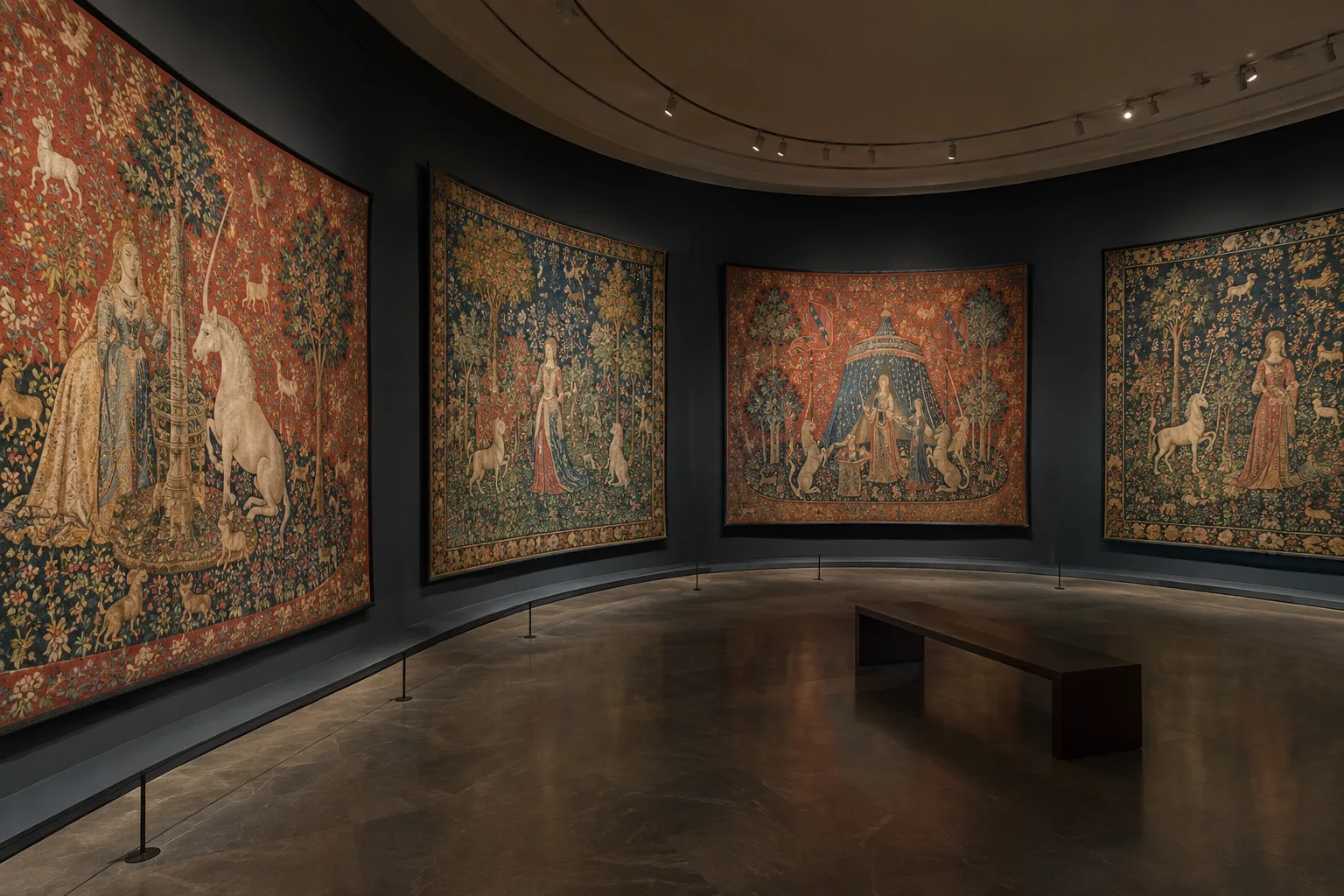 Des tapisseries médiévales aux motifs de fleurs et d’animaux présentées dans une salle arrondie.