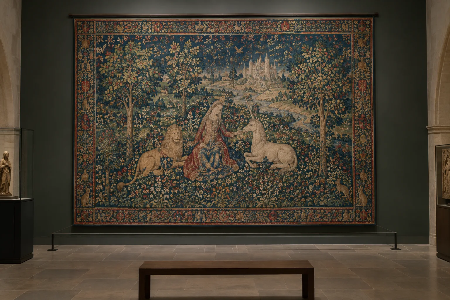 Détail d’une tapisserie médiévale où des animaux apparaissent parmi les fleurs d’un fond millefleurs.