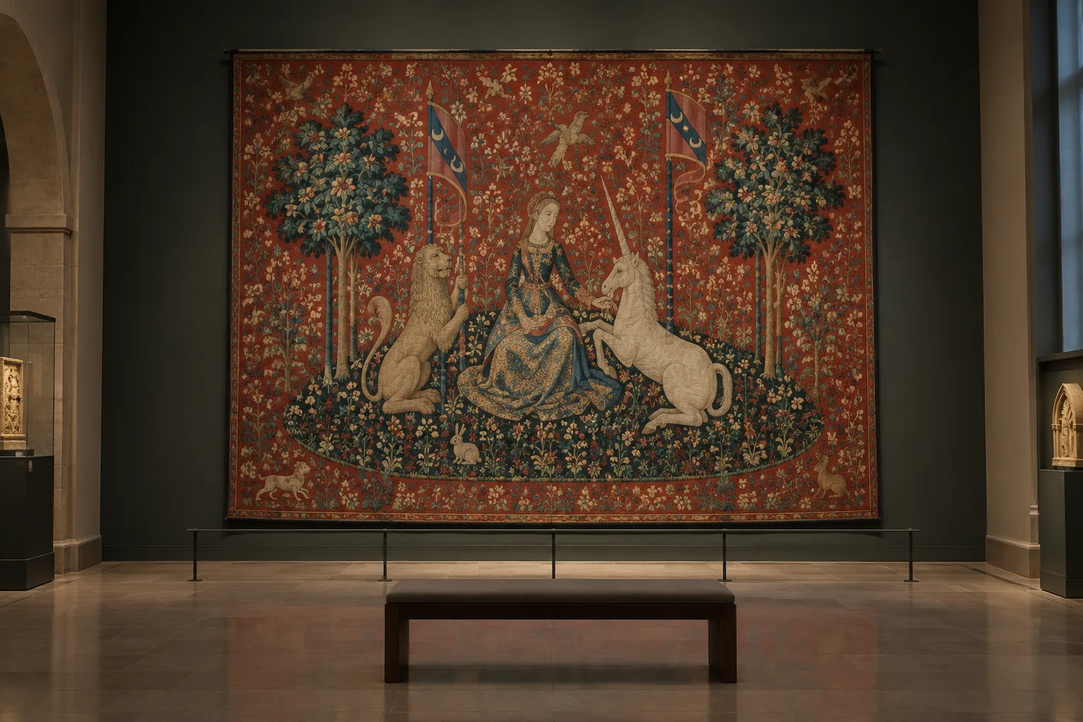 Une tapisserie rouge à motifs de fleurs et d’animaux présentée dans une salle de musée.