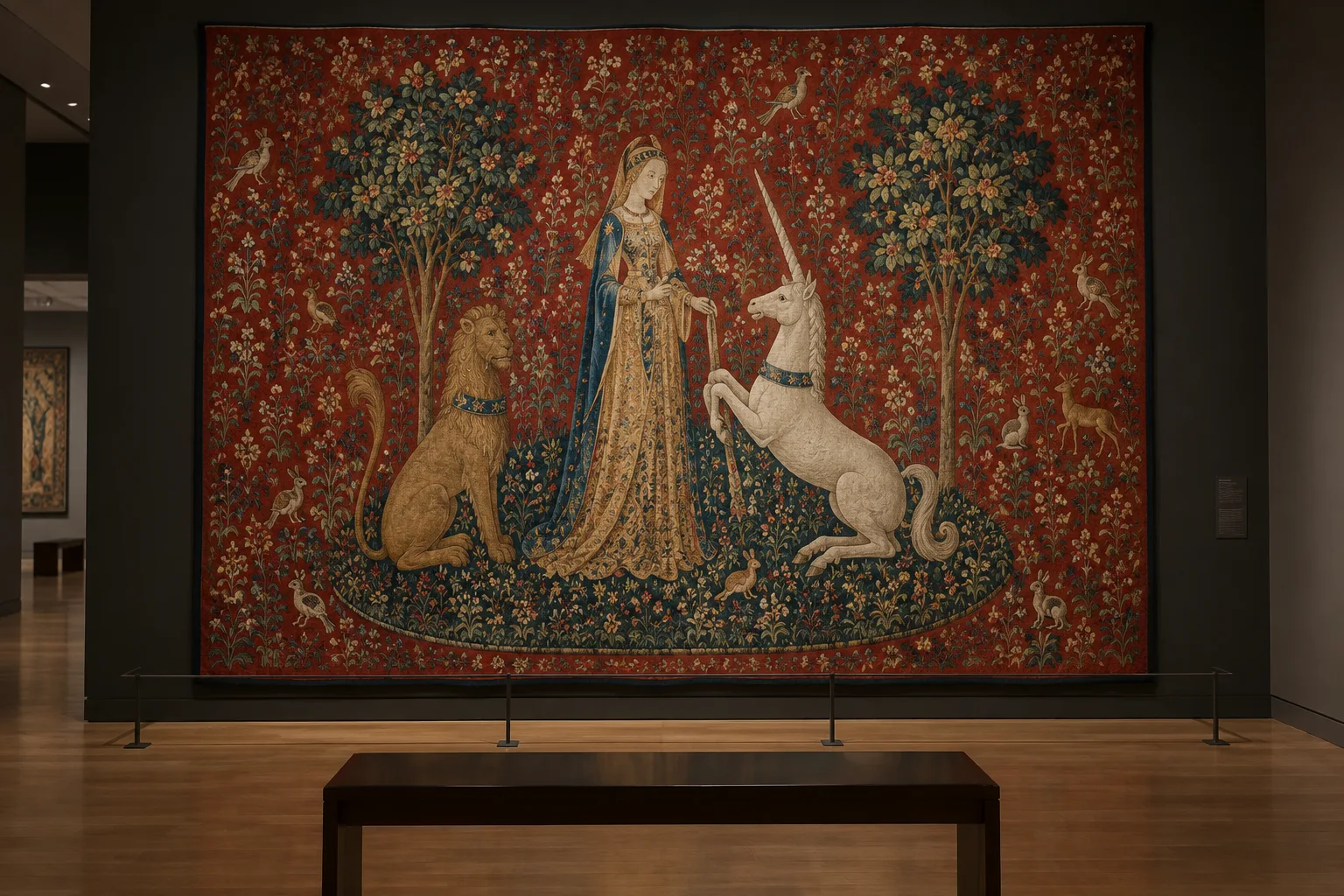 Une tapisserie médiévale aux motifs de fleurs, avec une dame, une licorne et un lion sur fond rouge.