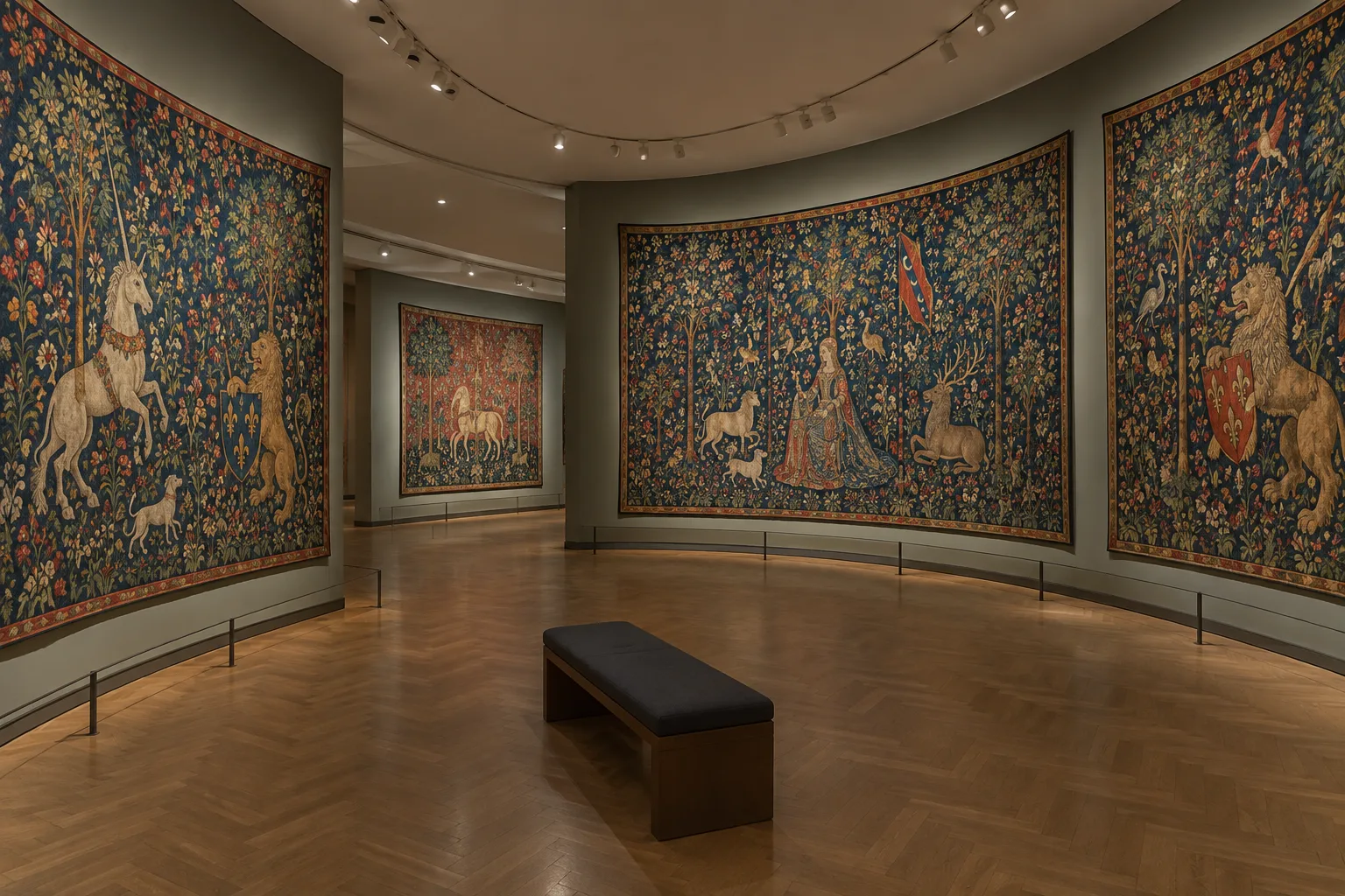 Les tapisseries médiévales de La Dame à la licorne présentées dans une salle de musée aux murs courbes.
