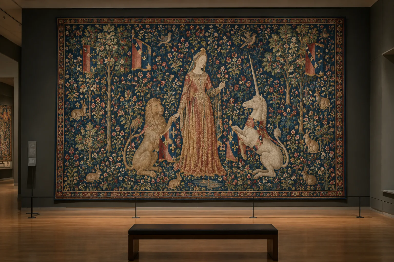 Une tapisserie médiévale aux fonds fleuris, avec une dame encadrée par un lion et une licorne.