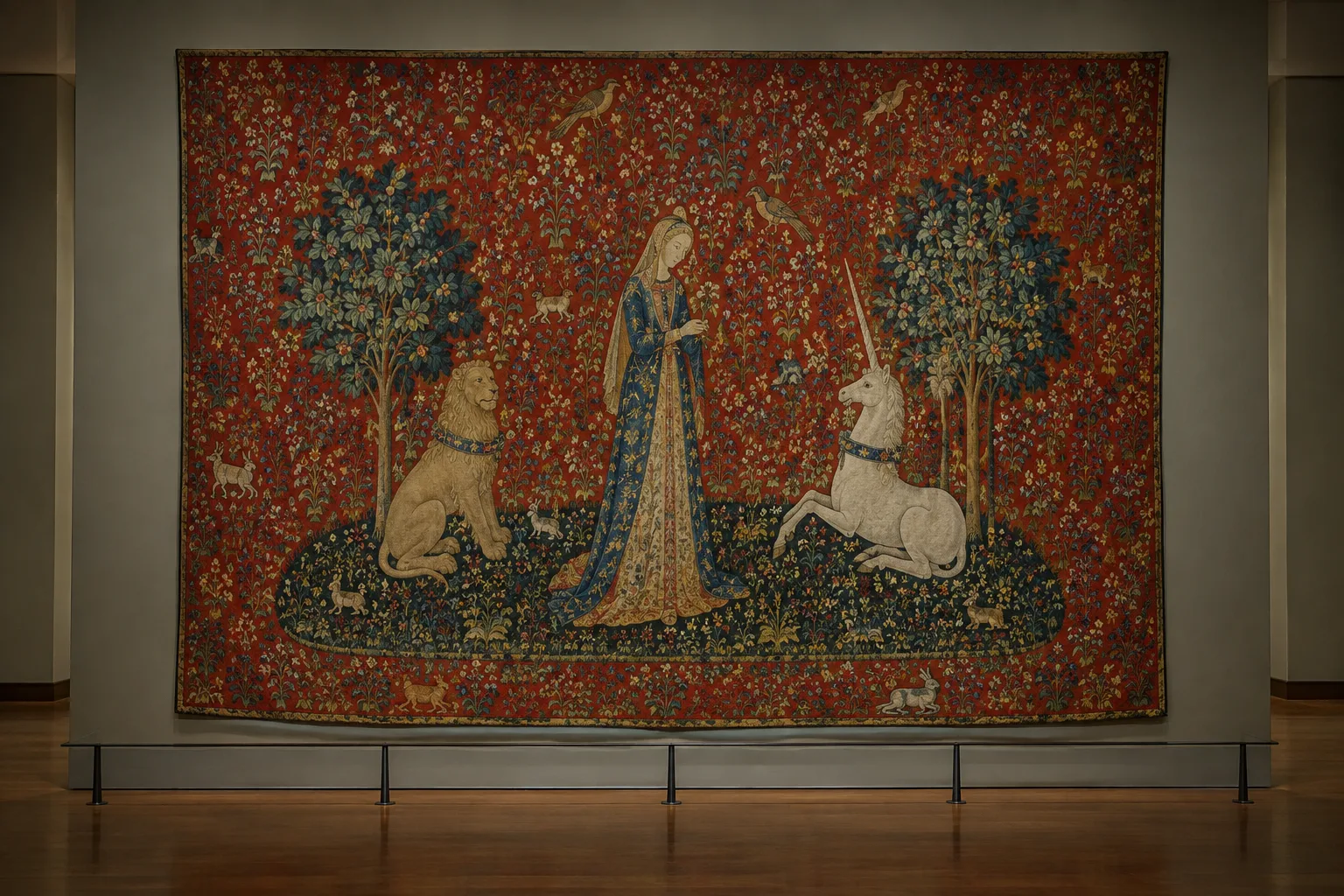 Tapisserie médiévale aux motifs de fleurs et d’animaux, avec une dame, un lion et une licorne.
