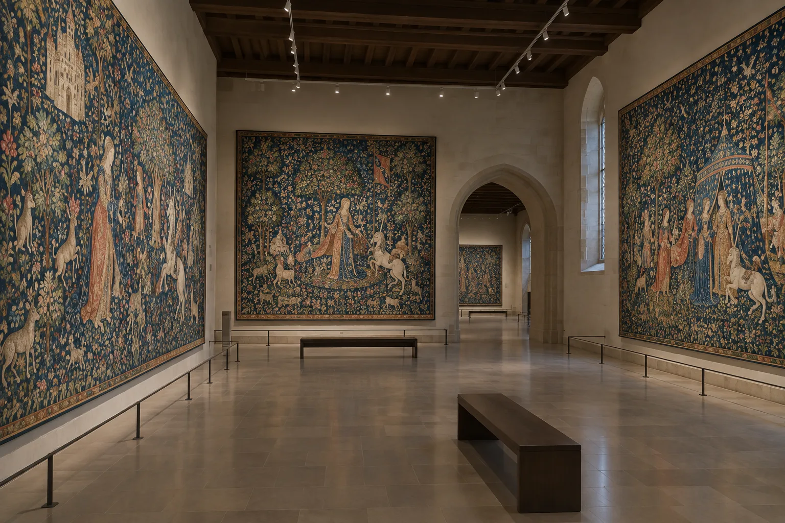 Les tapisseries de La Dame à la licorne présentées dans une salle du Musée de Cluny.