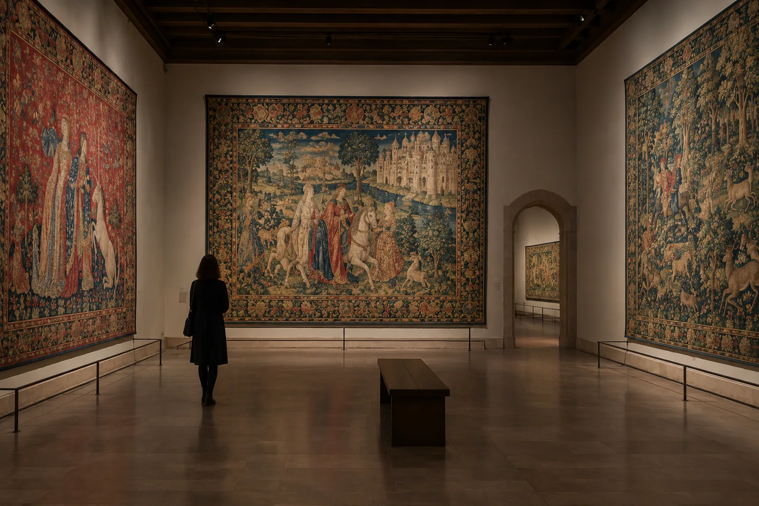 Détail d’une tapisserie médiévale montrant une dame entourée d’un lion, d’une licorne et de motifs végétaux.