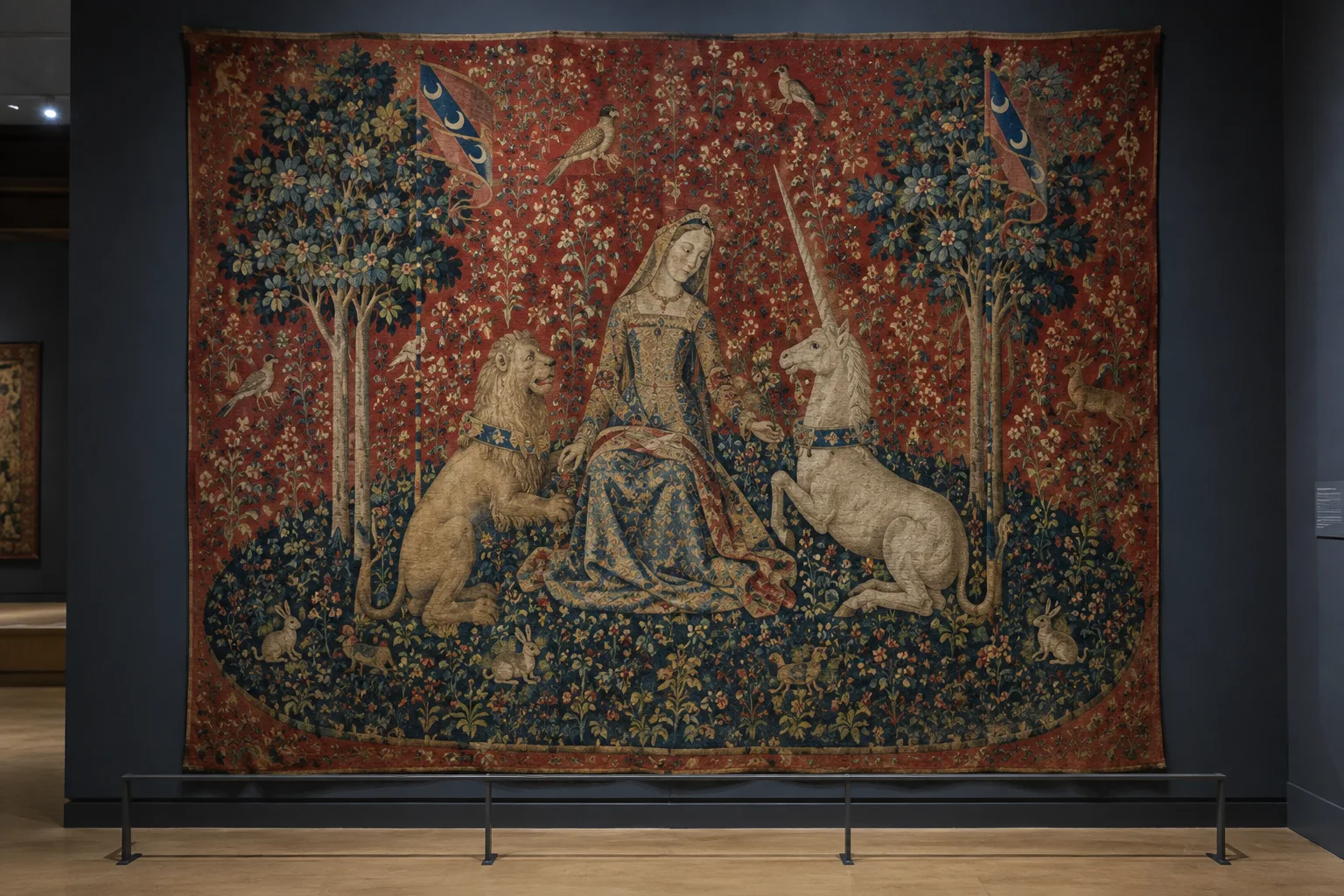 Tapisserie médiévale aux motifs de fleurs, avec une dame encadrée par un lion et une licorne.