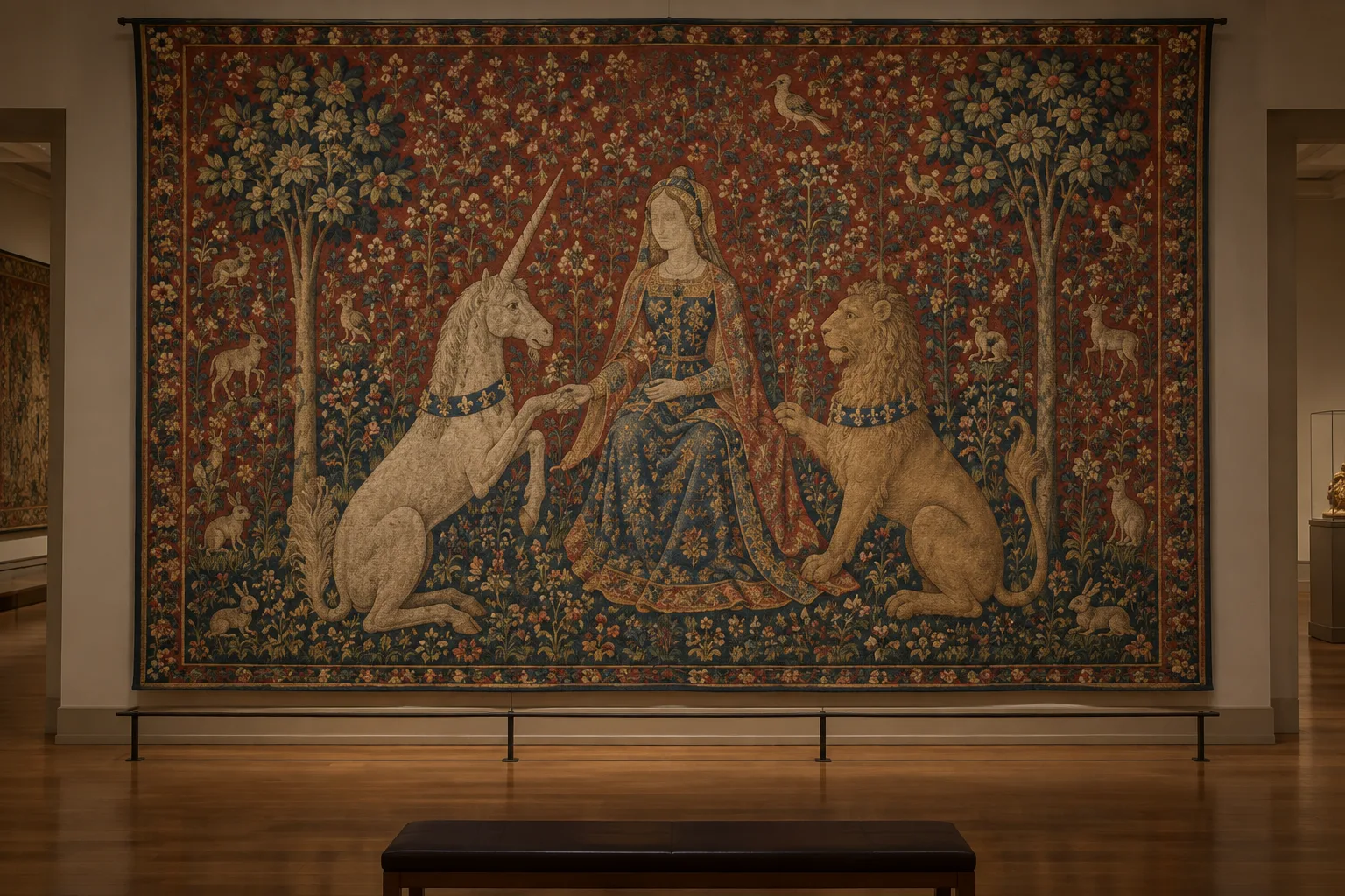 Tapisserie médiévale aux motifs de fleurs et d’animaux, exposée dans une salle de musée.