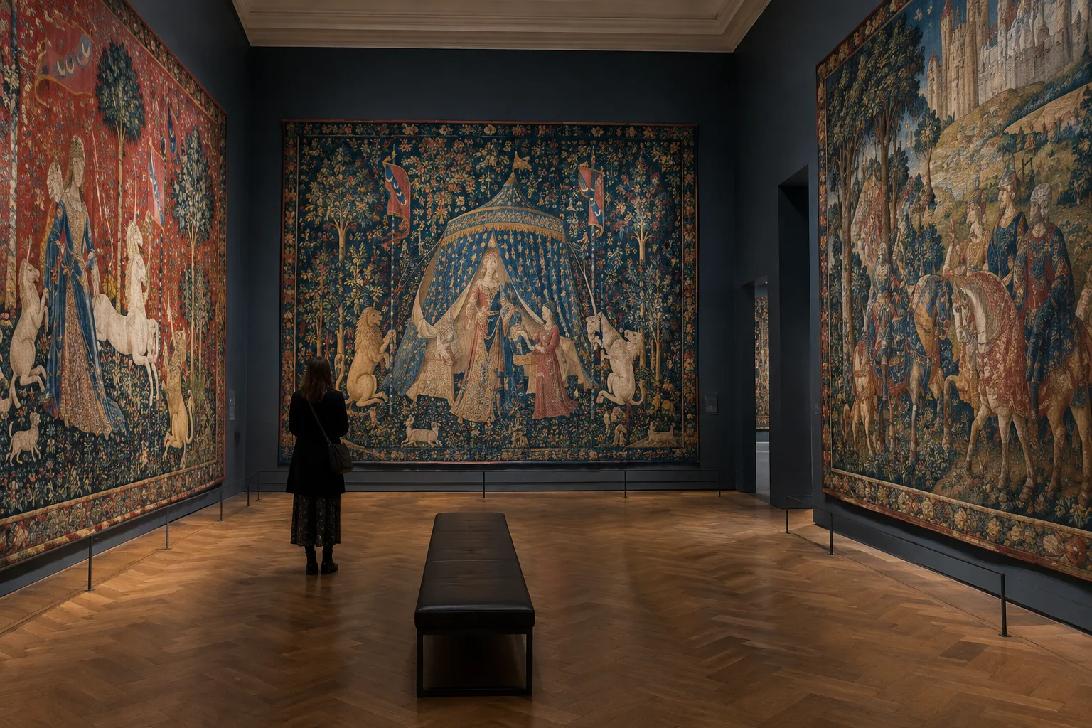 Une tapisserie médiévale aux motifs végétaux et aux figures animales dans une salle de musée.