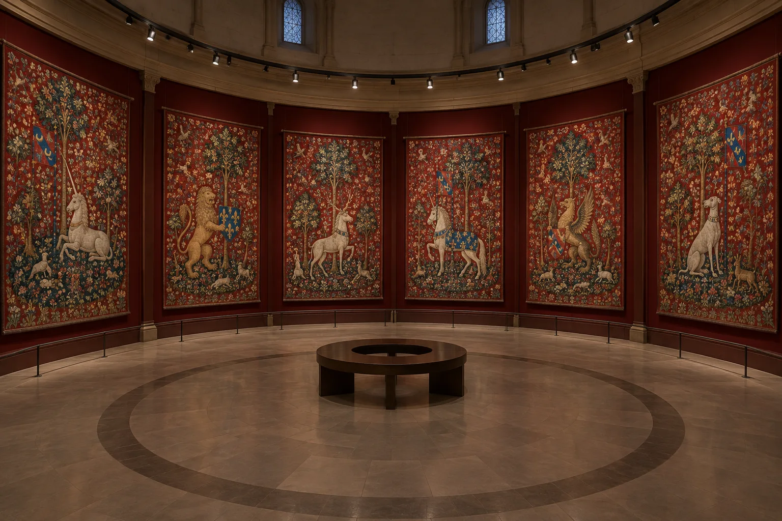 Tapisserie médiévale aux fleurs serrées, où des animaux entourent une figure centrale.