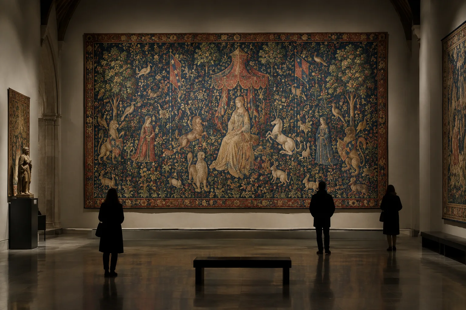 Une tapisserie médiévale aux motifs de fleurs et d’animaux présentée dans une salle de musée.