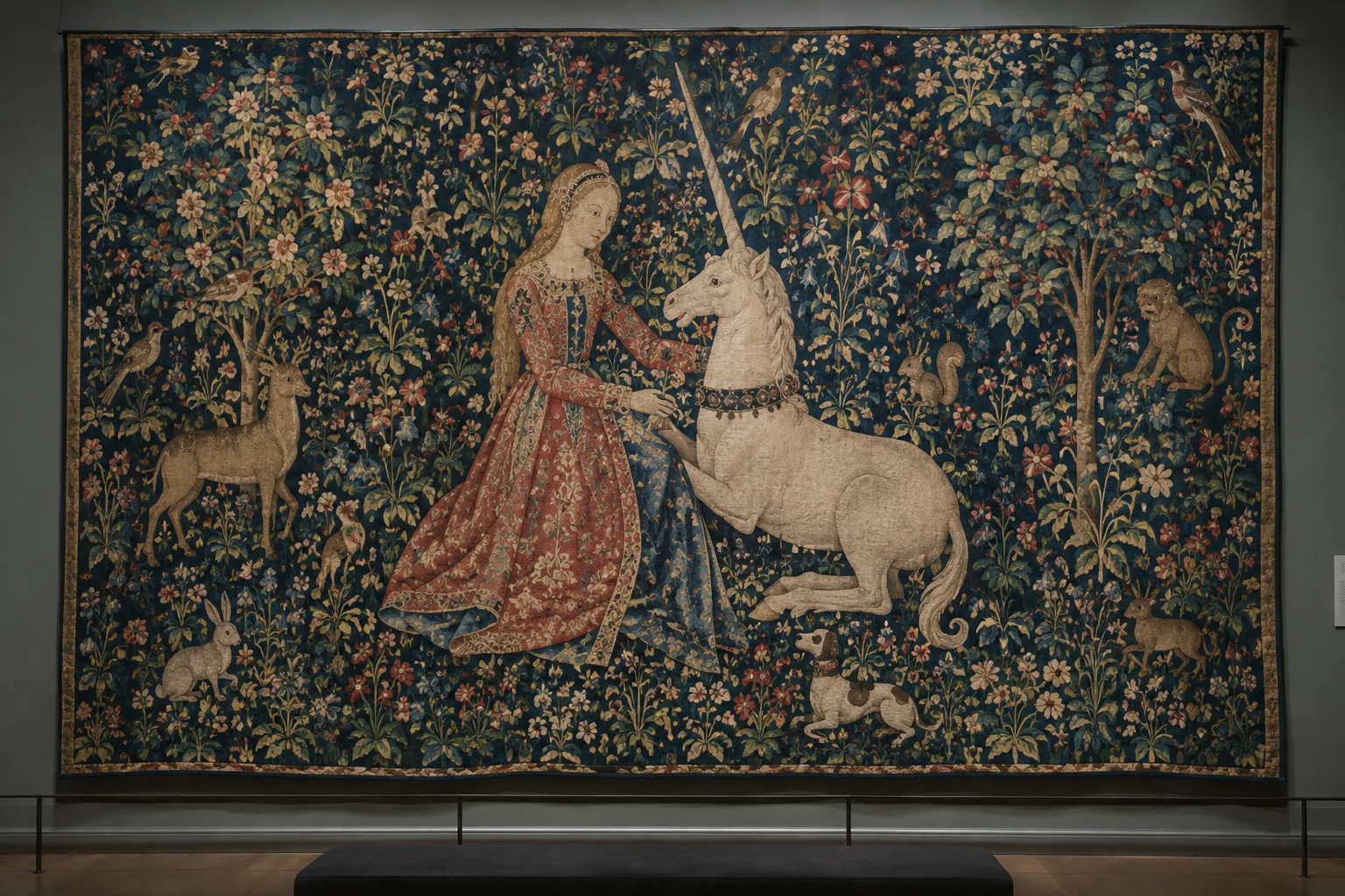 Détail d’une tapisserie médiévale aux motifs de fleurs, d’animaux et de licorne.