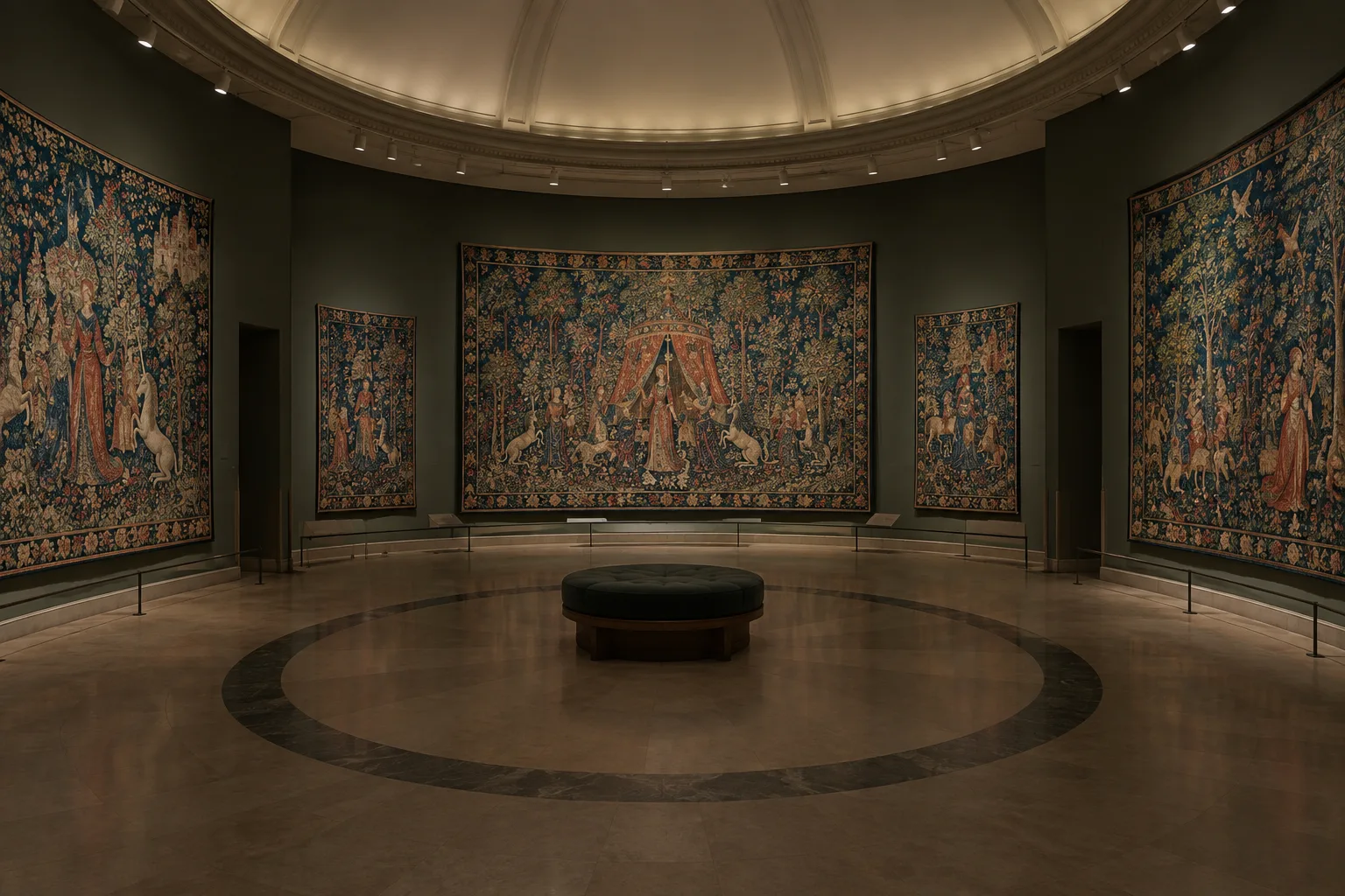 Six tapisseries médiévales aux motifs de fleurs et de figures animales présentées dans une salle ronde.