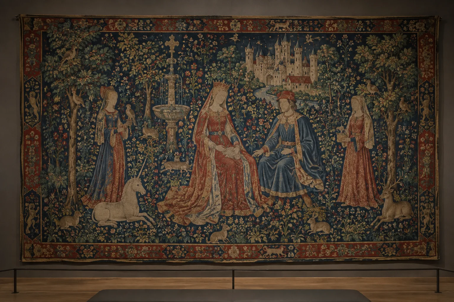 Détail d’une tapisserie médiévale aux figures entourées de fleurs et de petits animaux.