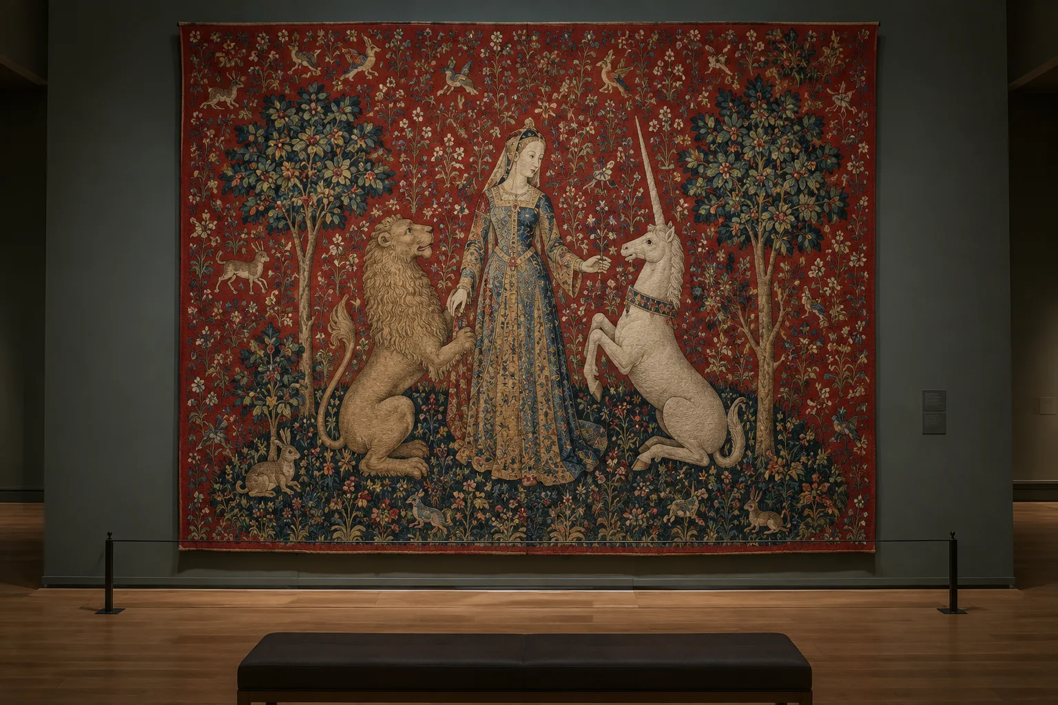 Détail d’une tapisserie médiévale millefleurs montrant une dame entourée d’animaux dans un jardin rouge.