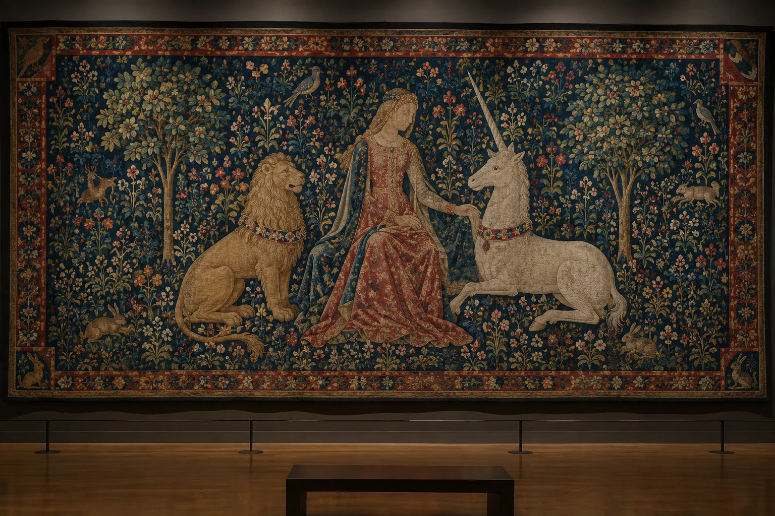 Tapisserie médiévale aux motifs de fleurs et d’animaux présentée dans une salle de musée.