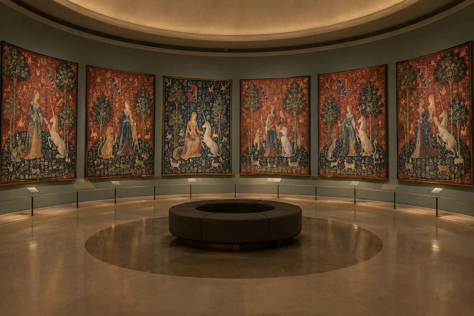 Les tapisseries de La Dame à la licorne présentées dans une salle du musée.