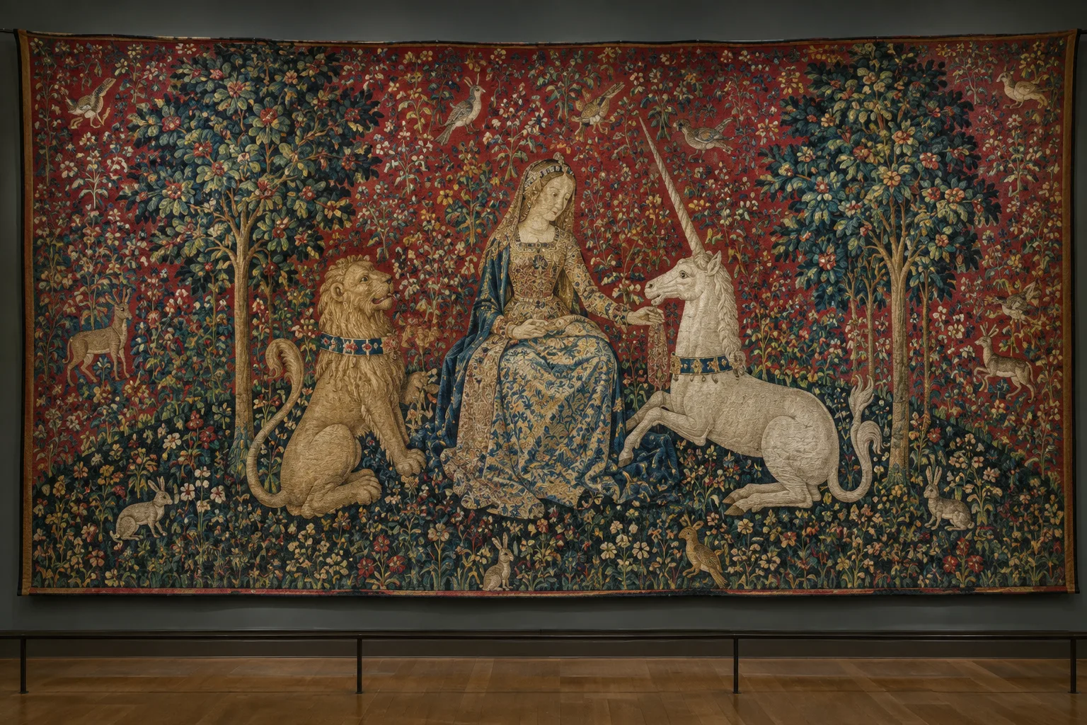 Une tapisserie médiévale aux motifs de fleurs et d’animaux exposée dans une salle de musée.