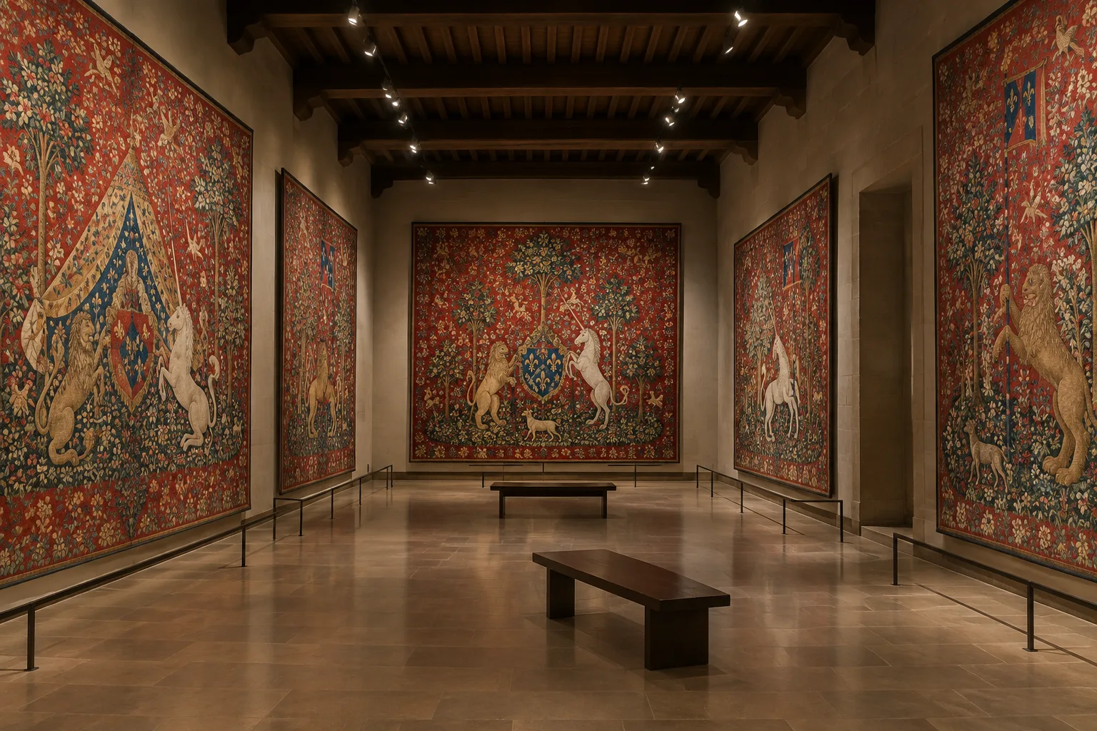 Vue d’une tapisserie médiévale rouge couverte de petites fleurs et d’animaux tissés.