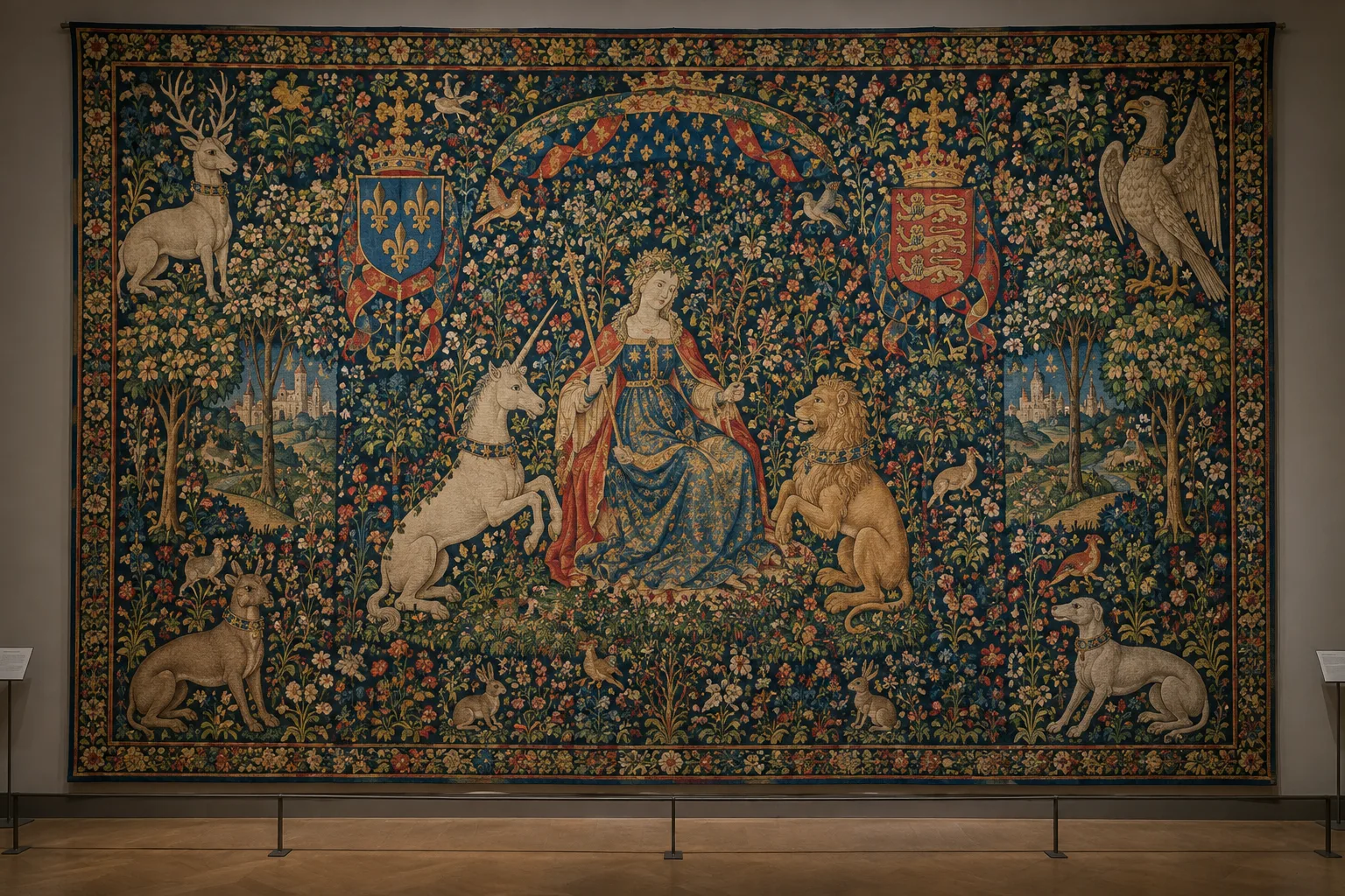 Détail d’une tapisserie médiévale où des fleurs et des animaux entourent une scène figurée.