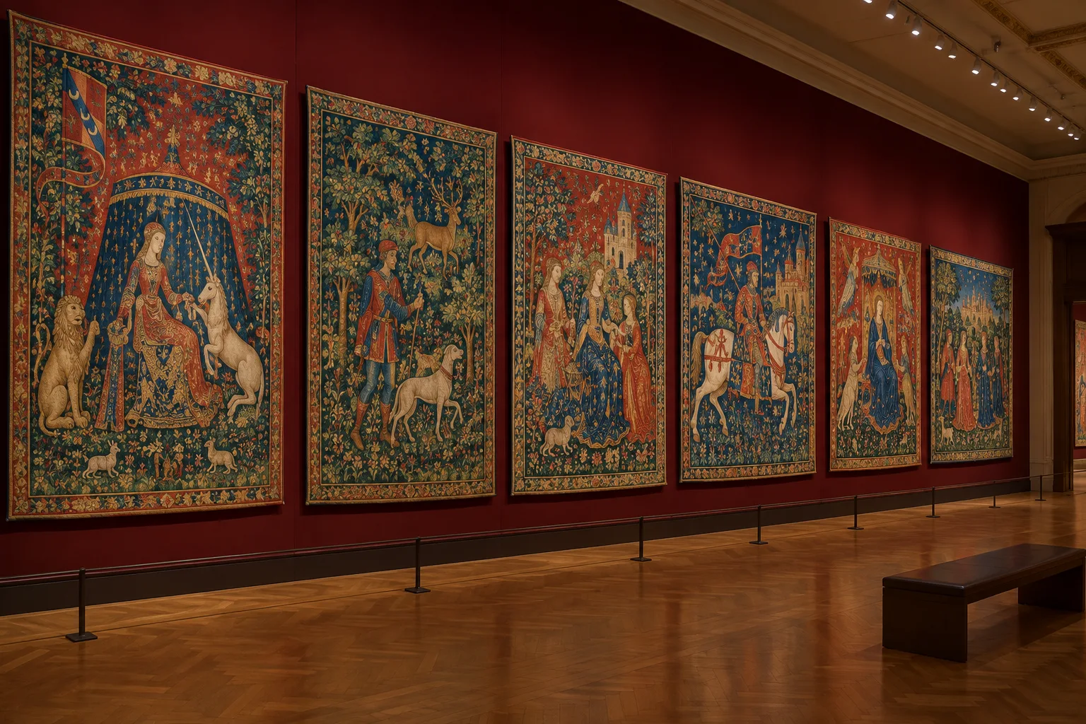 Les tapisseries de La Dame à la licorne présentées côte à côte dans une salle du musée.