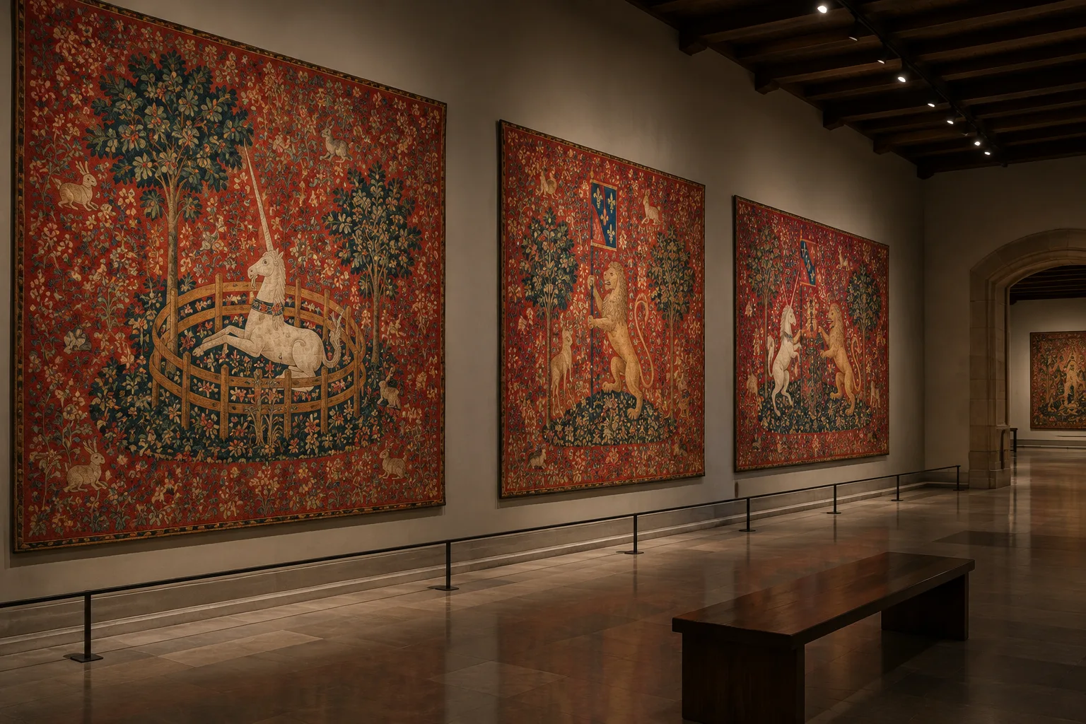 Une salle de musée présente de grandes tapisseries médiévales aux fonds rouges et aux motifs végétaux.