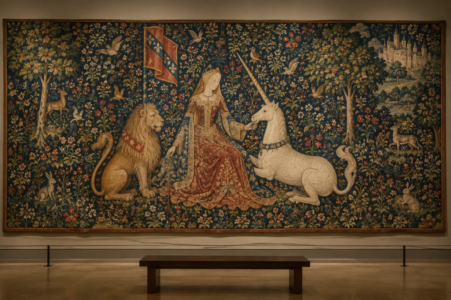Une tapisserie médiévale aux motifs de fleurs, avec une dame, une licorne et un lion.