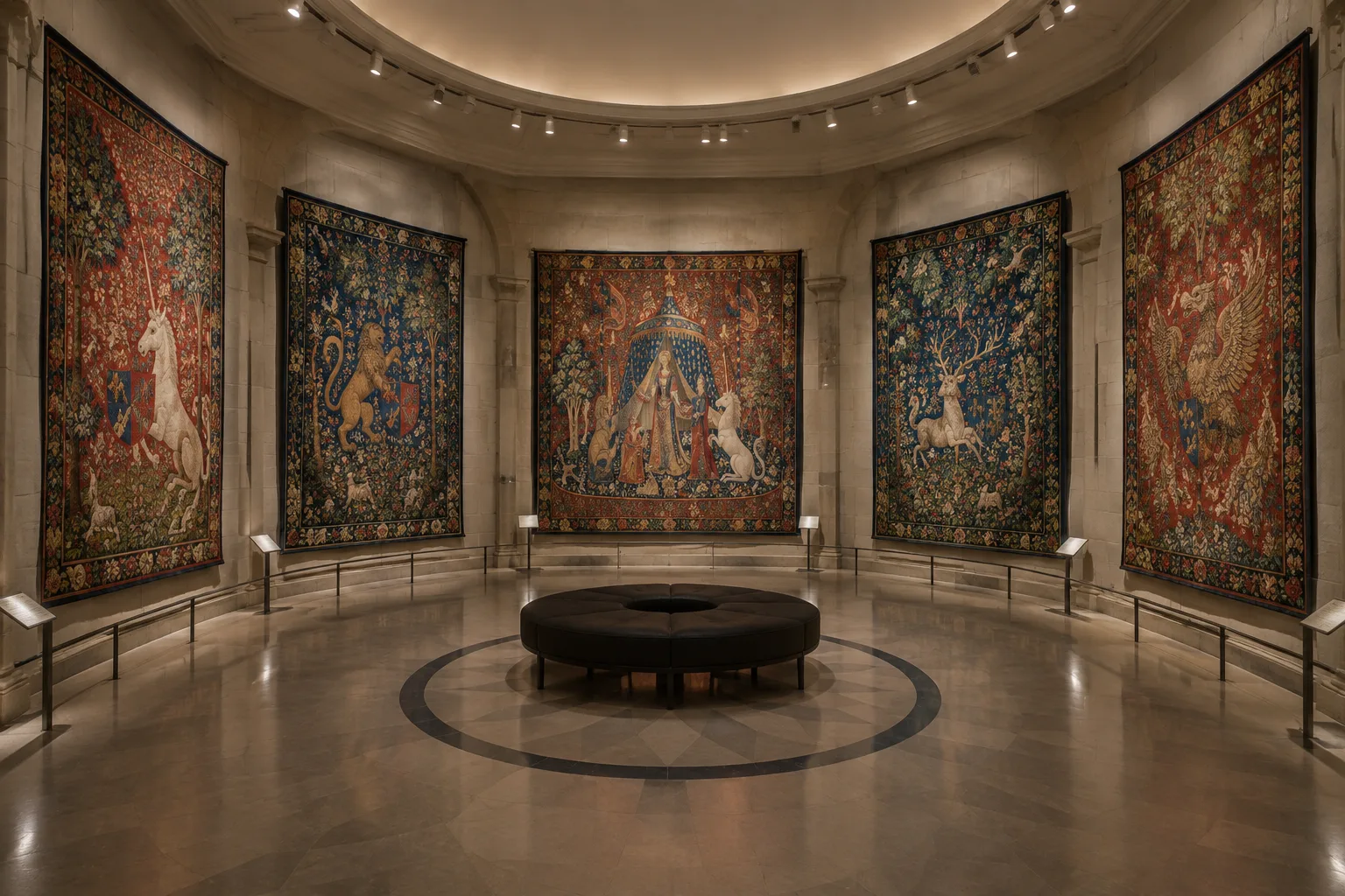 Les tapisseries médiévales de La Dame à la licorne présentées dans une salle circulaire du musée de Cluny.