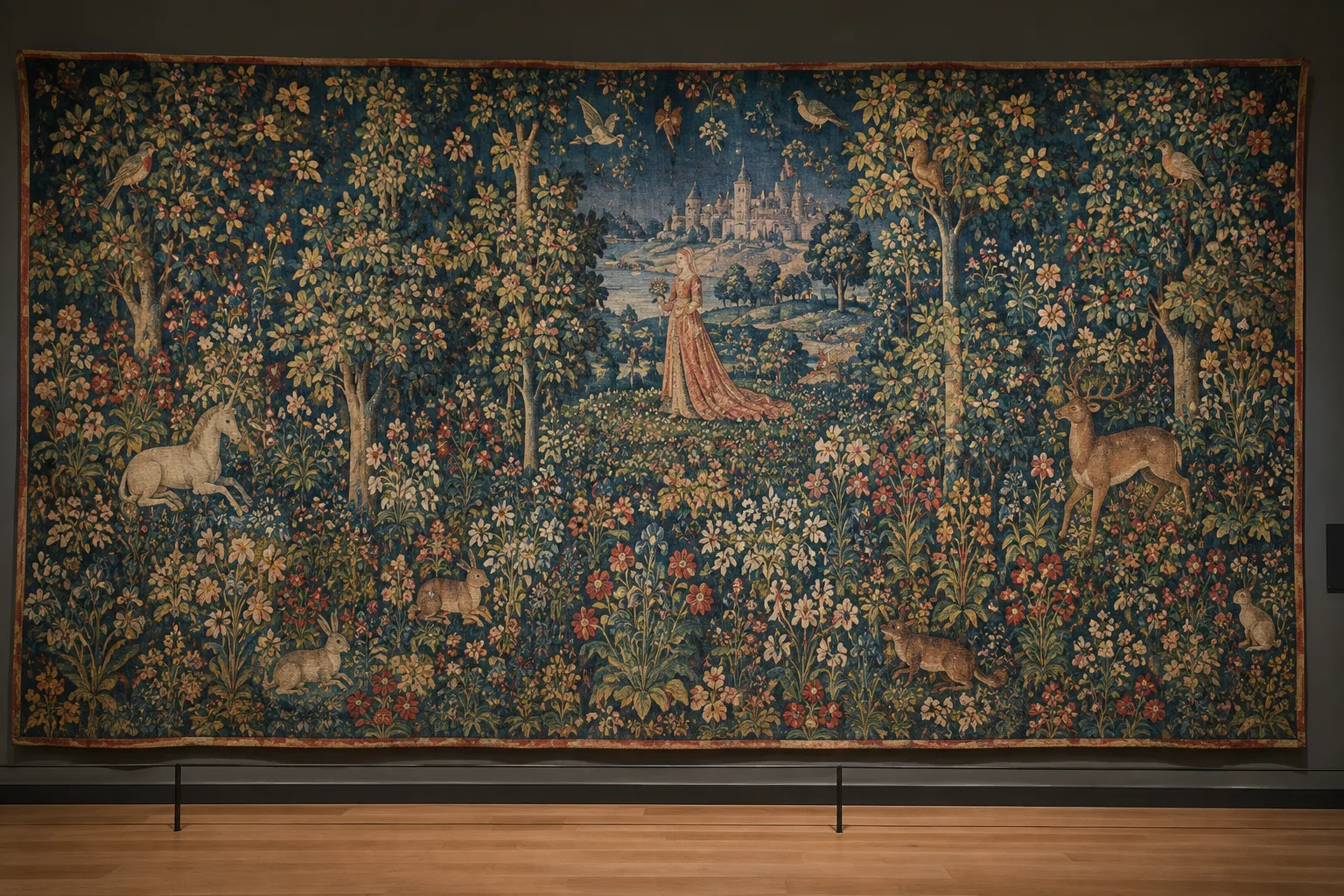 Détail d’une tapisserie médiévale à fond fleuri exposée dans une salle de musée.
