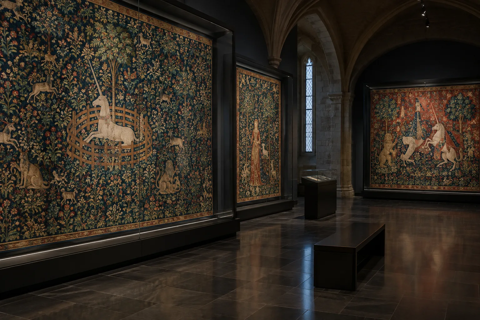 Les tapisseries de La Dame à la licorne présentées dans une salle à la lumière tamisée.