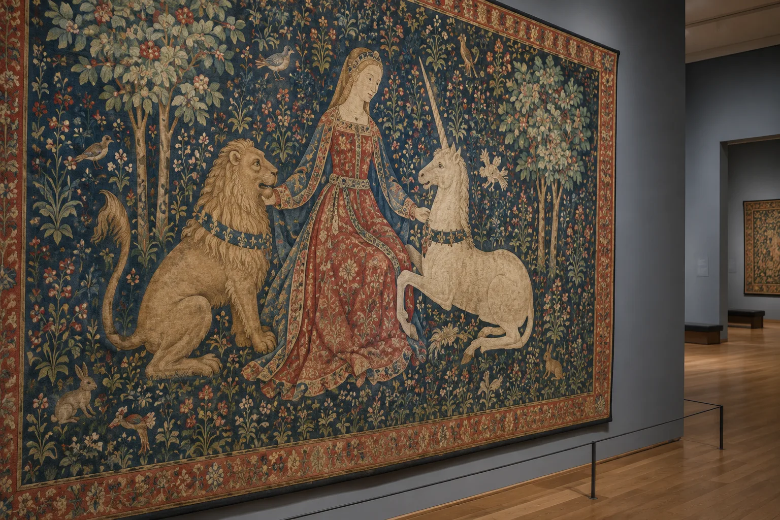 Une tapisserie médiévale aux motifs floraux exposée dans une salle de musée.